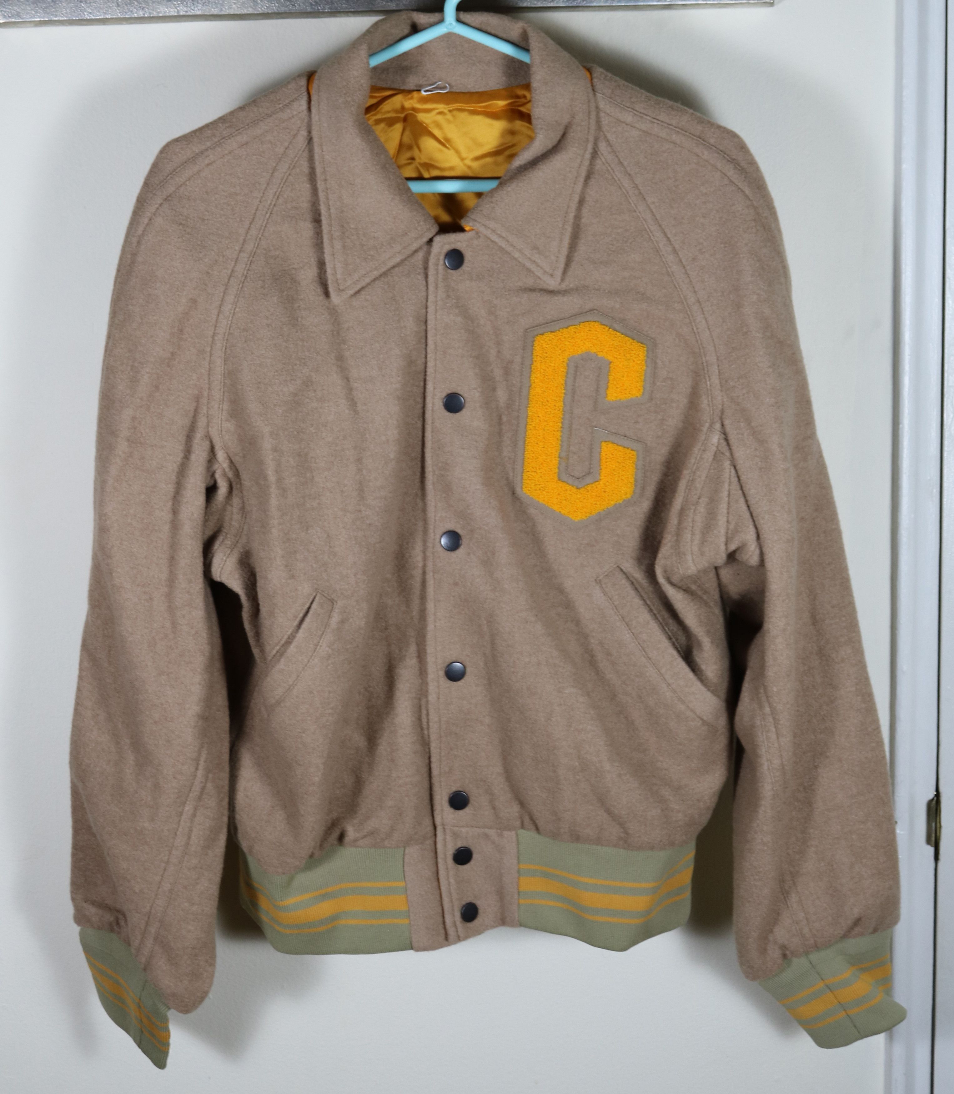 image of Cmmn Swdn Wool Varsity Jacket Size 46 in Tan, Men's