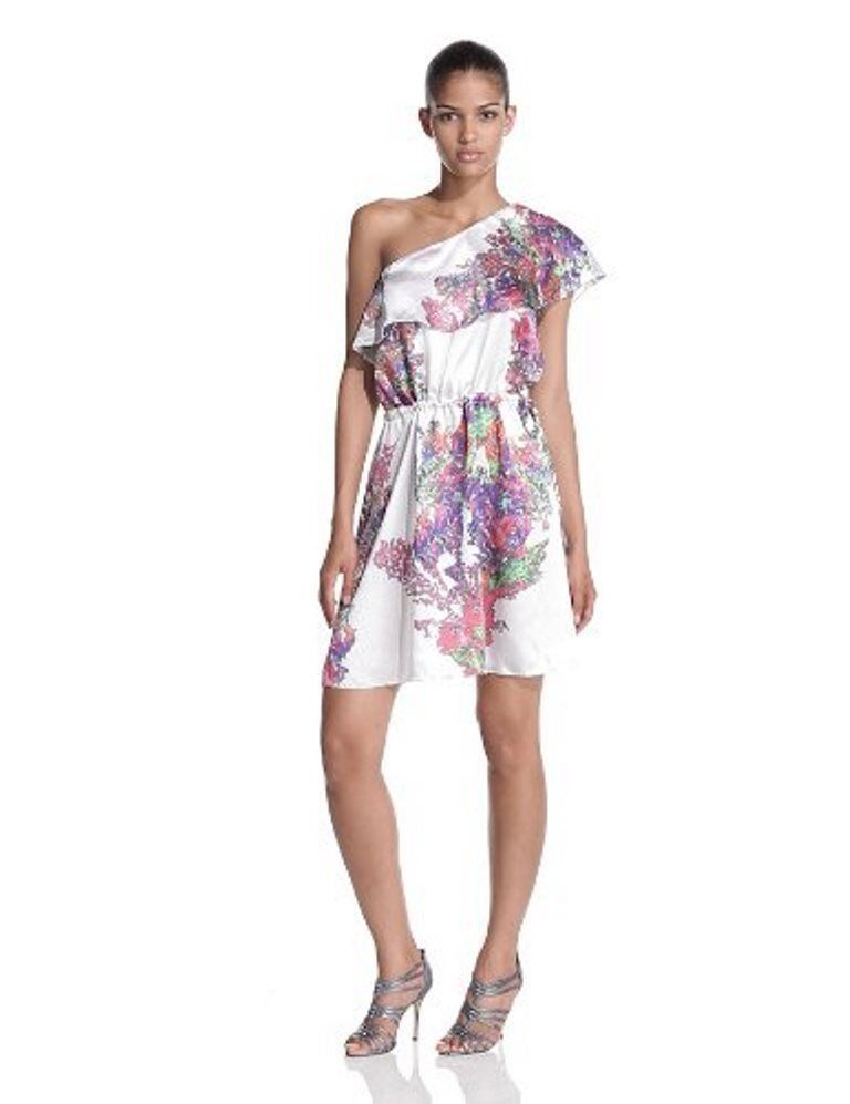 $495 HALSTON Heritage One Sleeve RUFFLE Dress SILK Floral (