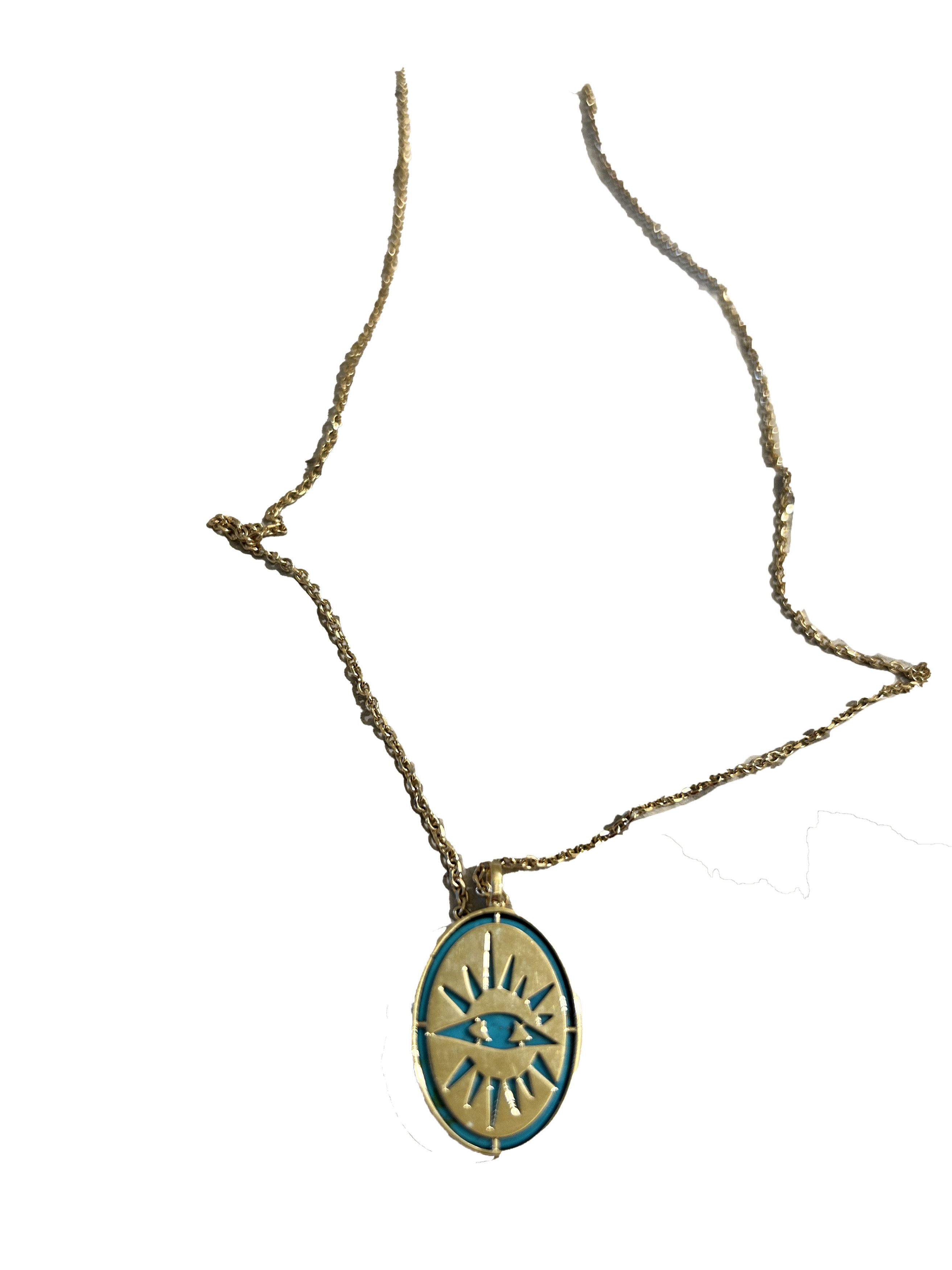 14k Gold Evil Eye Medallion Pendant Turquoise 24 inch Chain