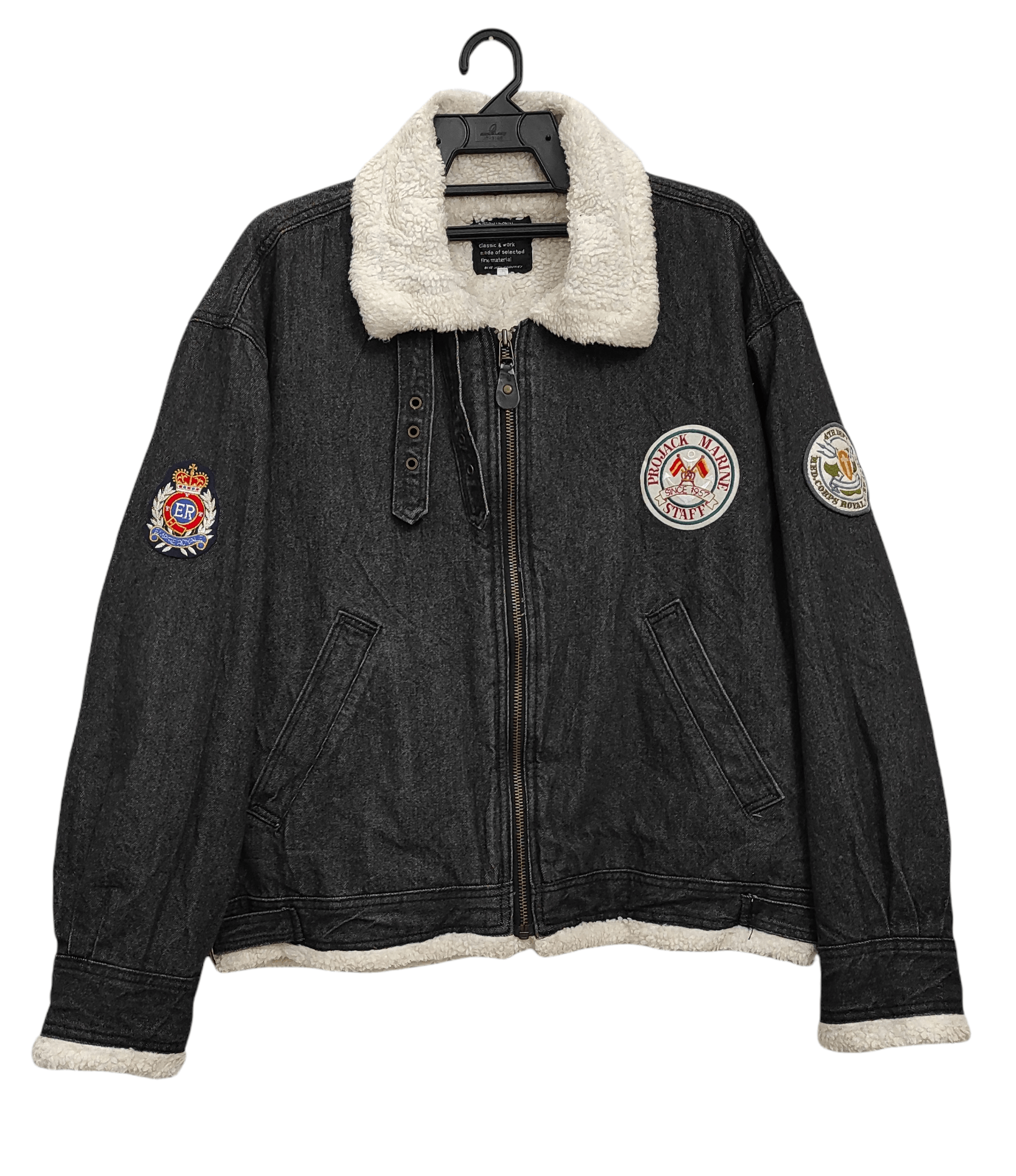 image of Vintage Archive Blue Way Classic Sherpa Royal Army Denim Jacket in Charcoal Black (Size Large)