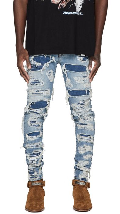 Represent Clo. Shredded Light Indigo Skinny Jeans