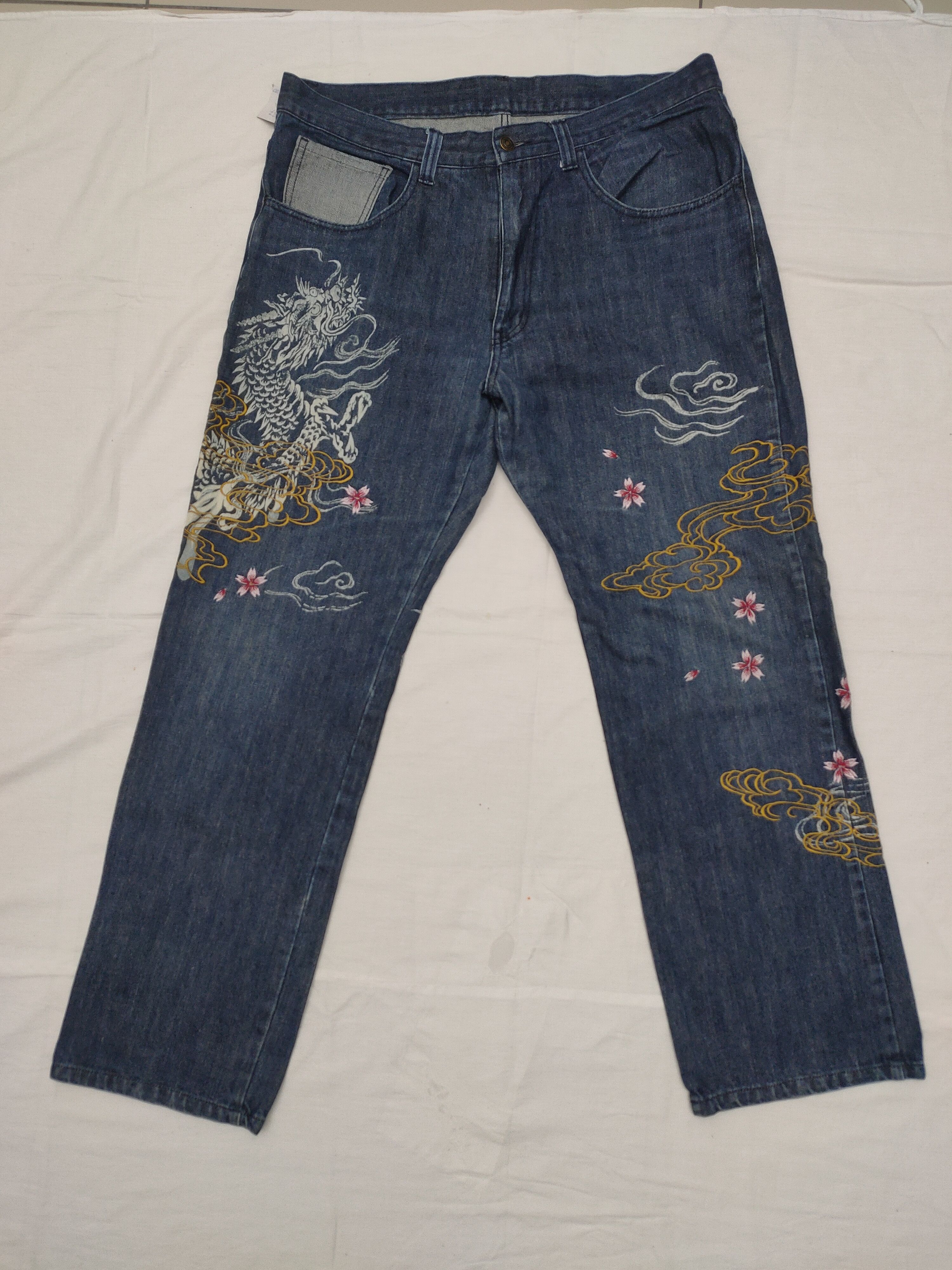 Karakuri Tamashii Japanese Brand Vomanie Sukajan Dragon Flowers Jeans Size US 37 - 1 Thumbnail