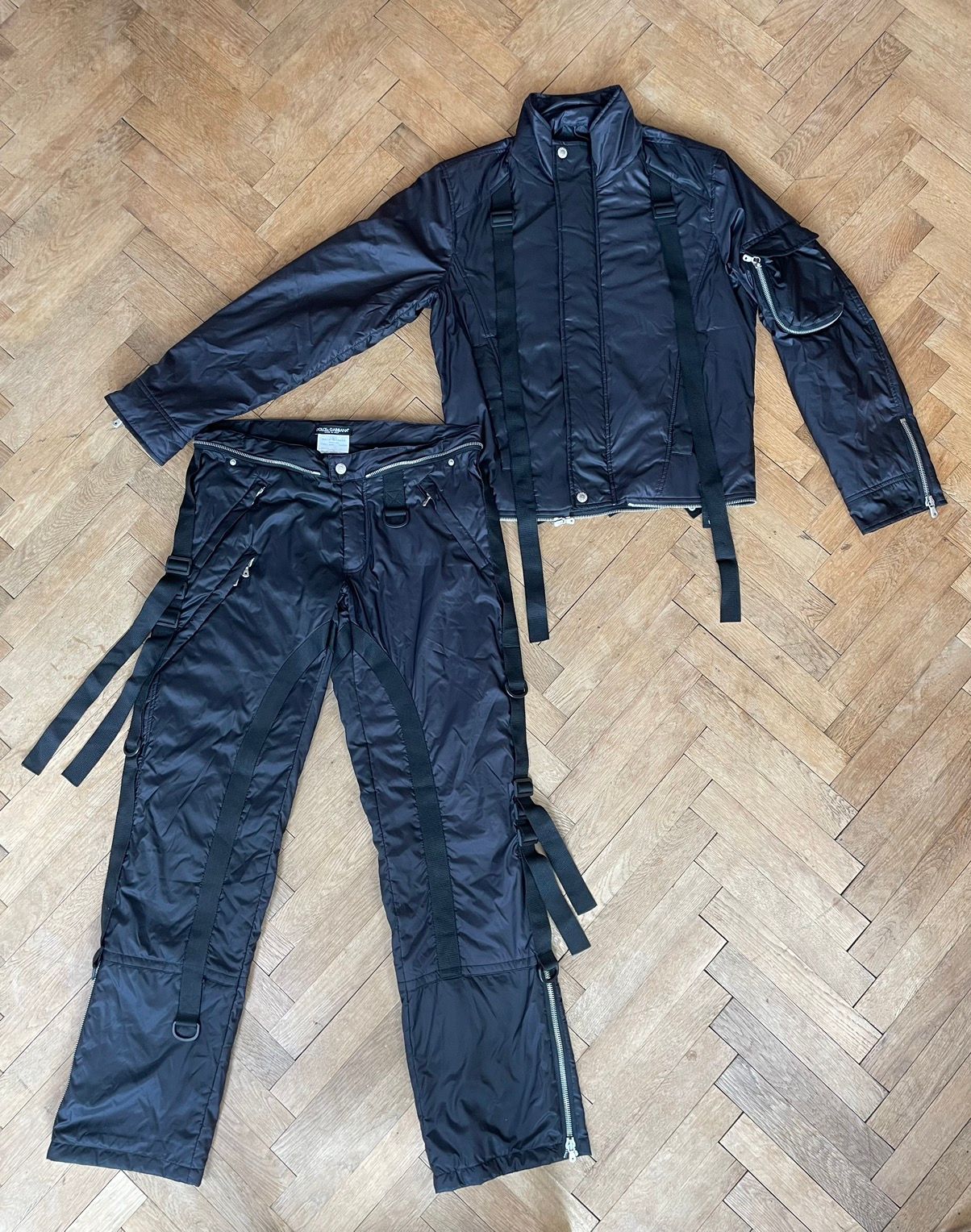 Pre-owned Dolce & Gabbana Dolce&gabbana 2003 Nylon Parachute Bondage Set Jacket Pants In Black