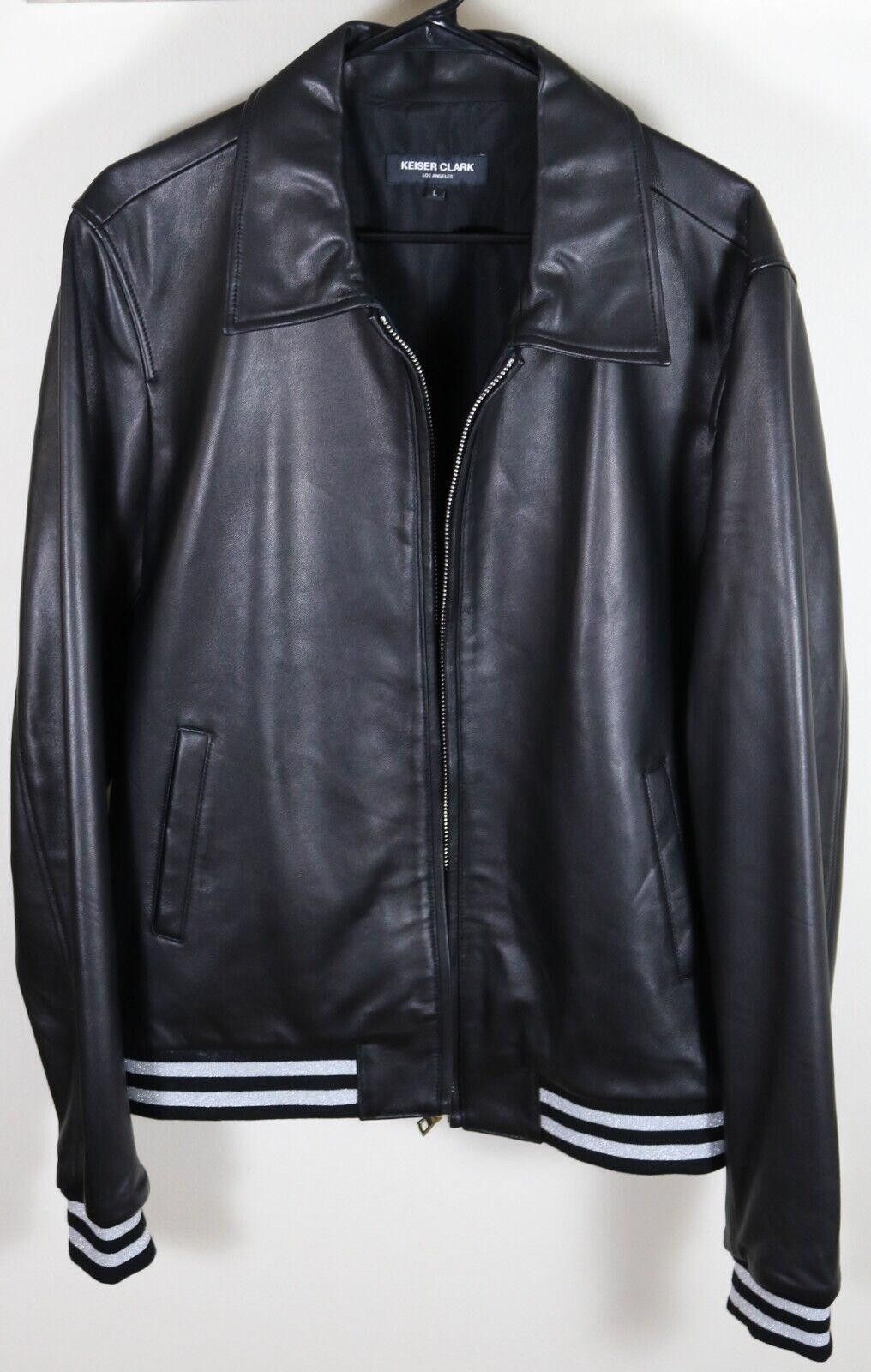 image of Keiser Clark Leather Zip Up Varsity Silk Lined Jacket Large in Black, Men's