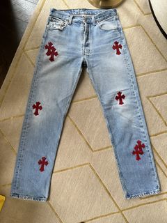 Chrome Hearts Red and Black Patched Chrome Hearts Jeans