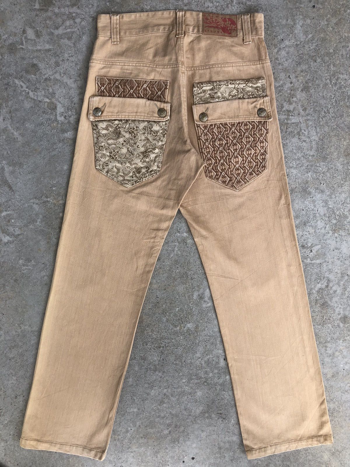 image of Vintage Kagura Embroidered Jeans Distressed Jeans in Gold, Men's (Size 31)