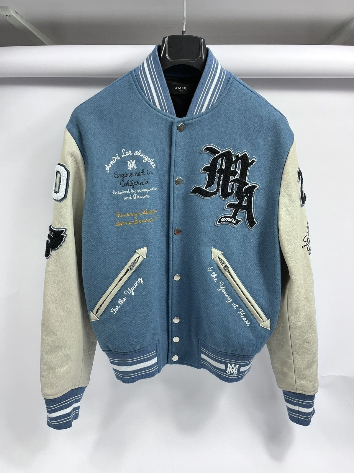 image of Amiri Wool Leather Varsity Jacket in Blue, Men's (Size Small)