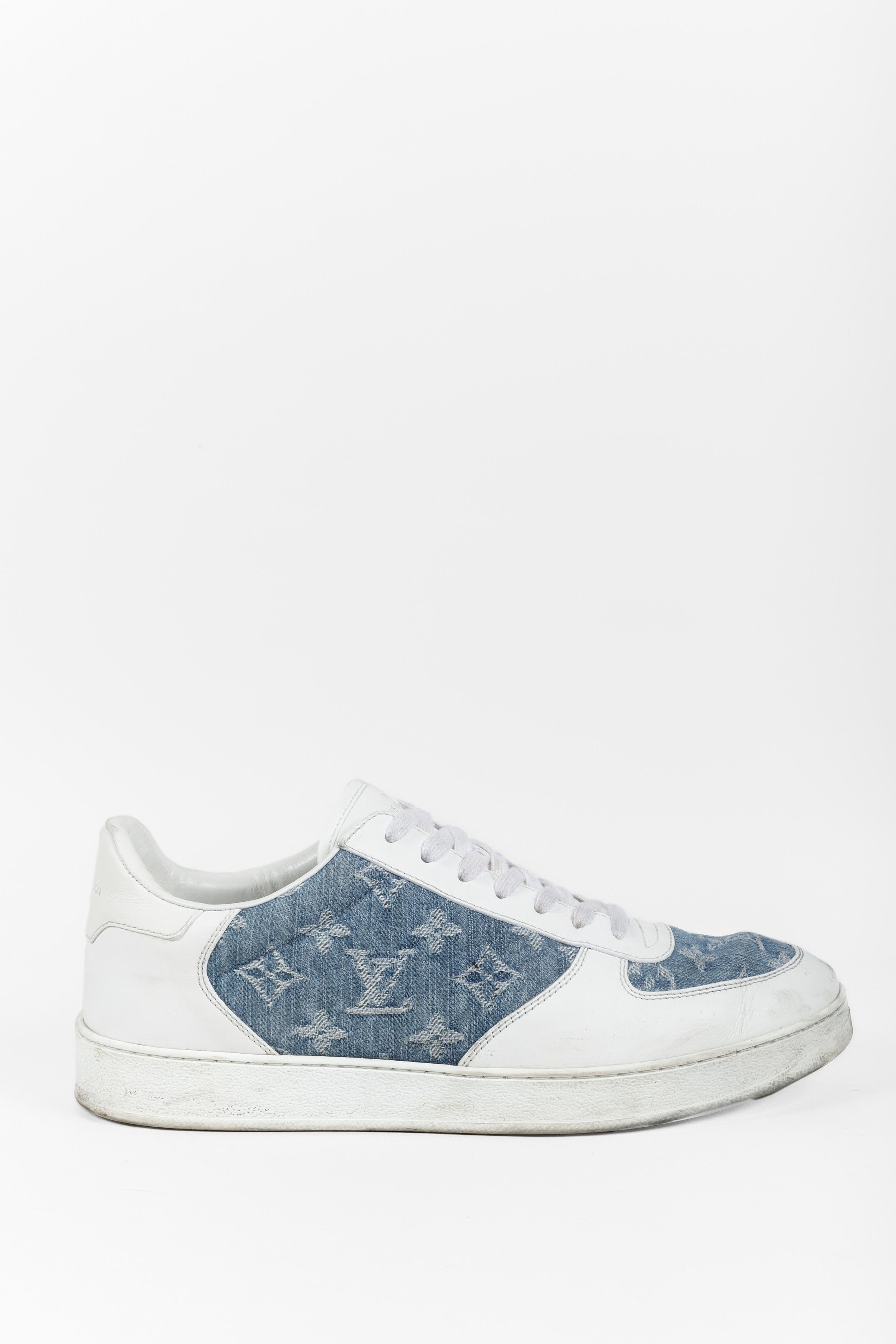 LOUIS VUITTON Calfskin Monogram Denim Rivoli High Top Sneakers 10 White  502430