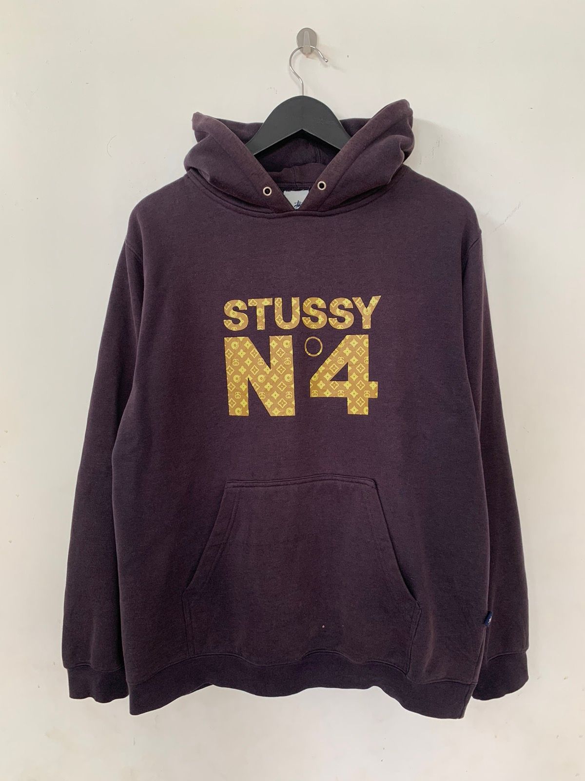 Vintage Stussy N4 LV Monogram Logo Pullover Hoodie Size S Grey 