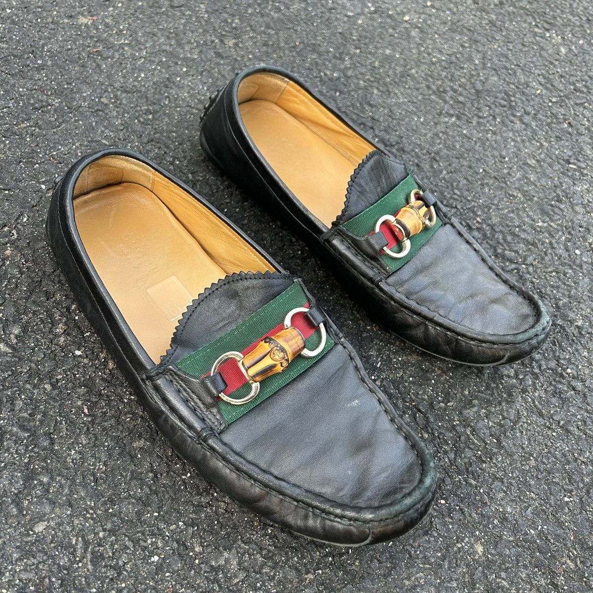 Gucci Calfskin Horsebit Web Bamboo Driving Loafers