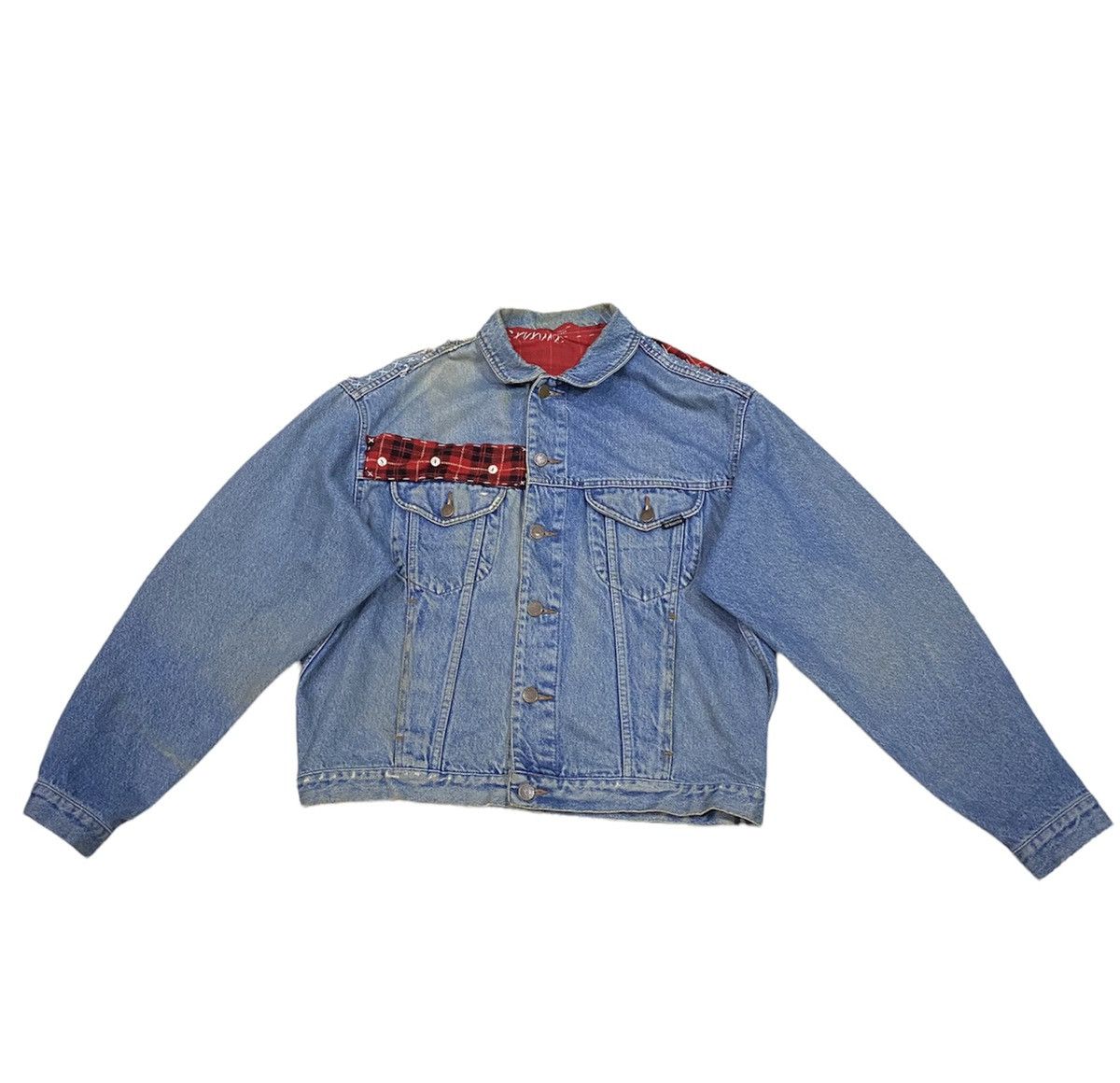 Seditionaries United Colors Of Benetton Vintage Vintage Custom Distressed UCB Anarchy Tartan Denim Jacket Grailed