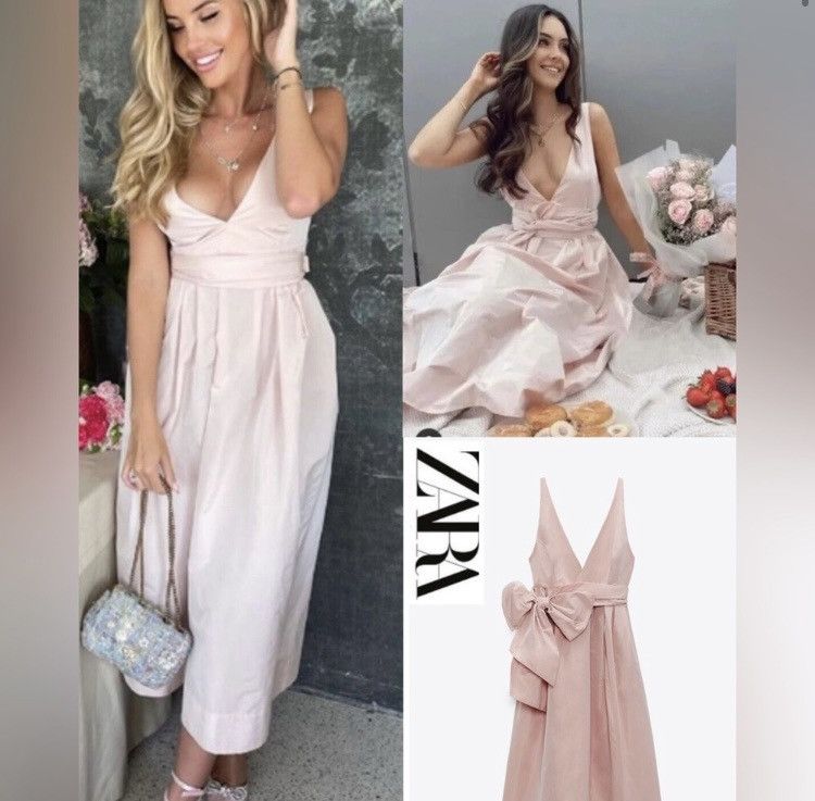 Zara ZARA VOLUMINOUS MIDI DRESS WITH BOW BELT PINK | Grailed