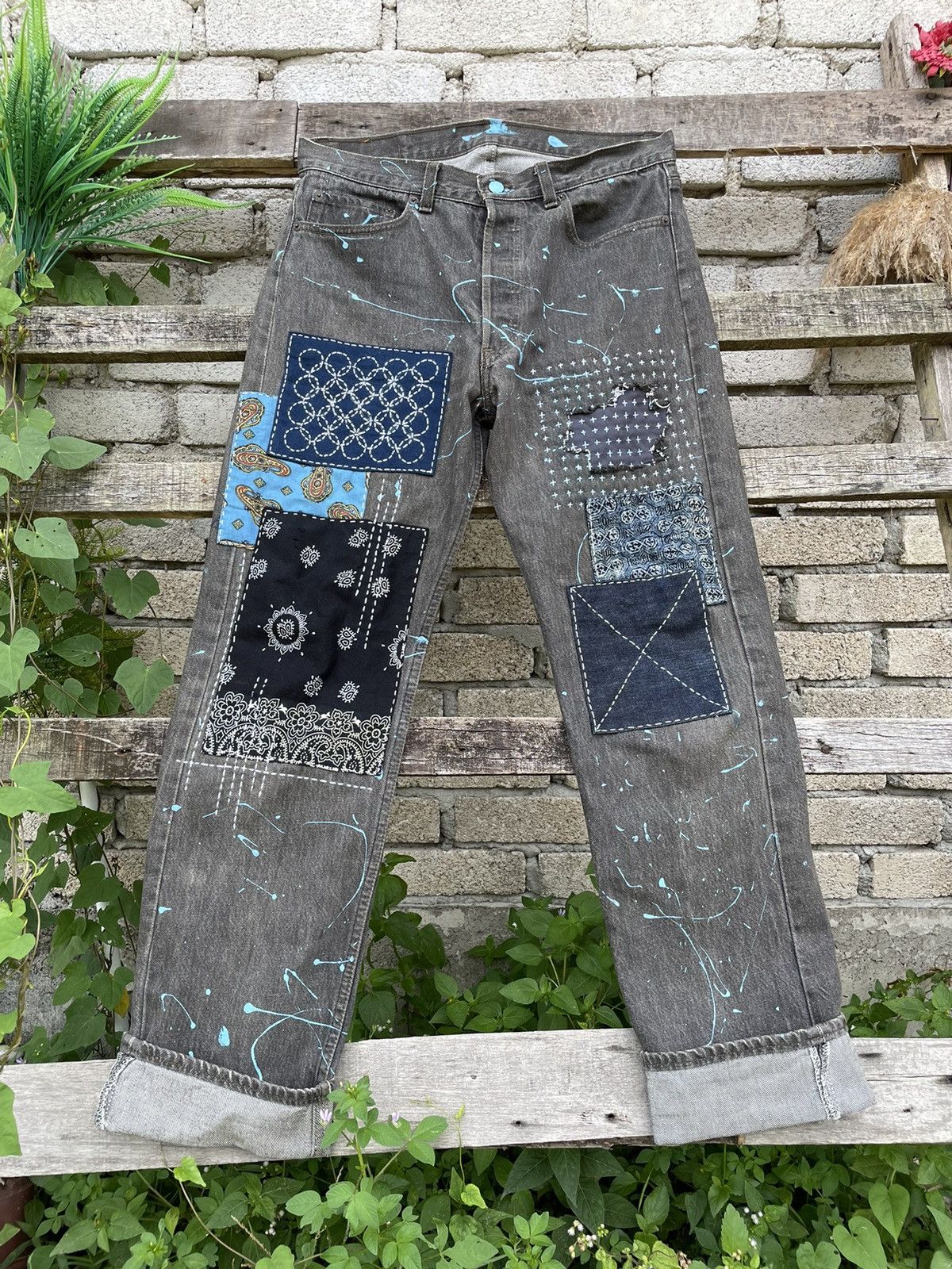 Vintage cheapest 90s USA Levis 501 Faded Flare Patchwork Reconstructed Pants Jeans Men 31