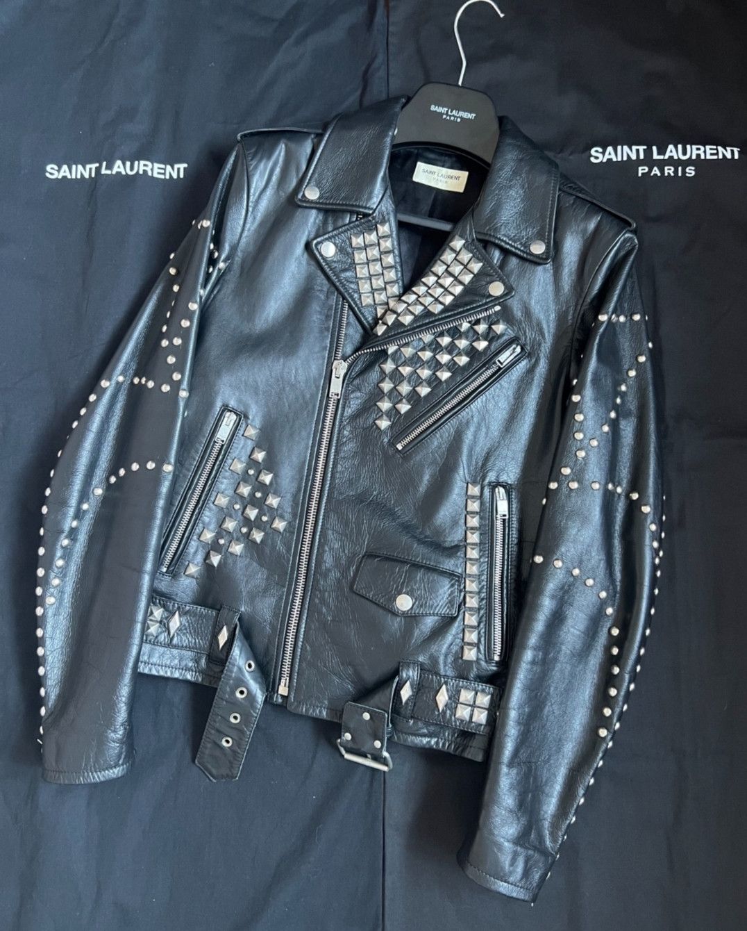 Distressed studded popped cowhide biker leather jacket