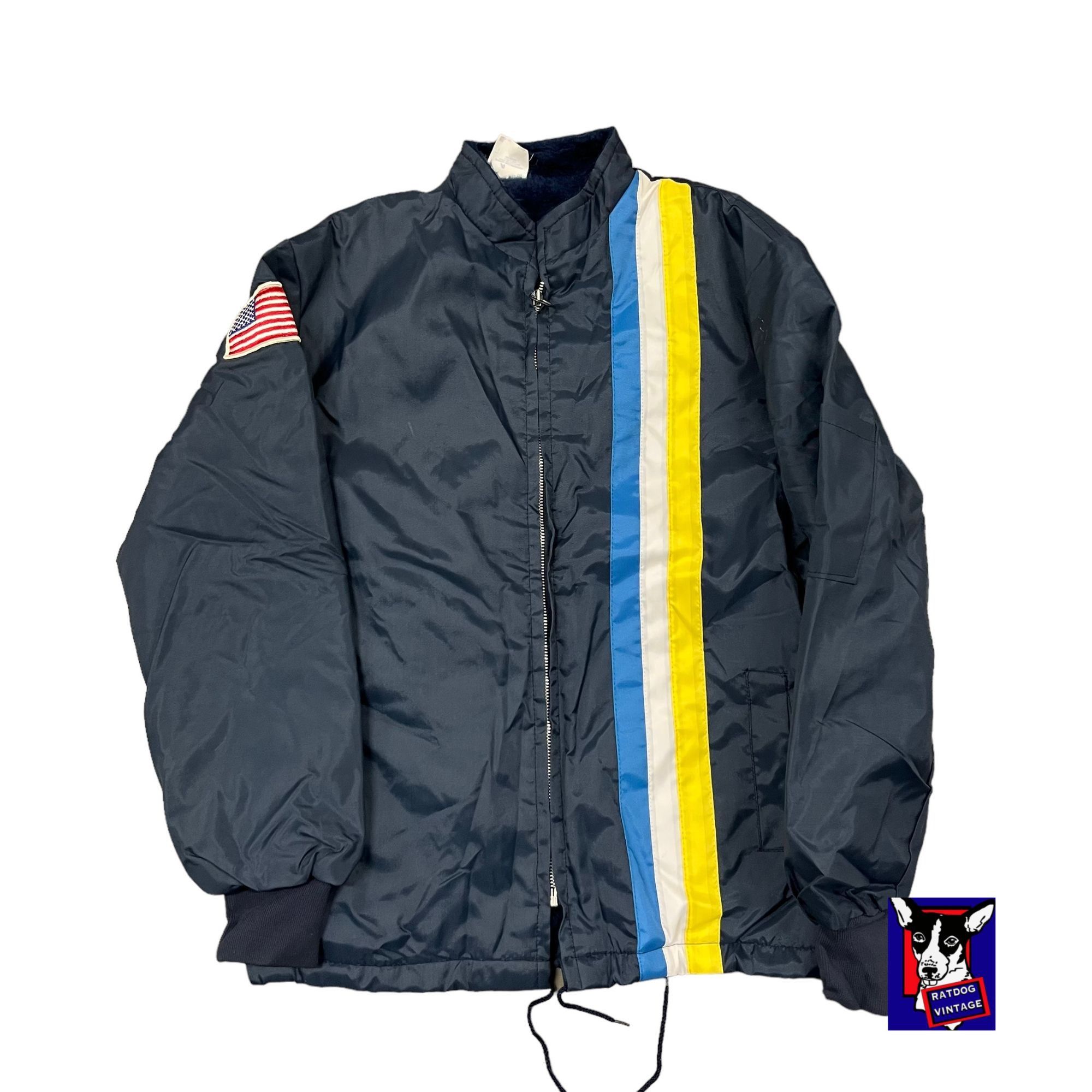 Vintage 70s VTG Navy Blue Yellow Striped Mechanics Racing Jacket Zip ...