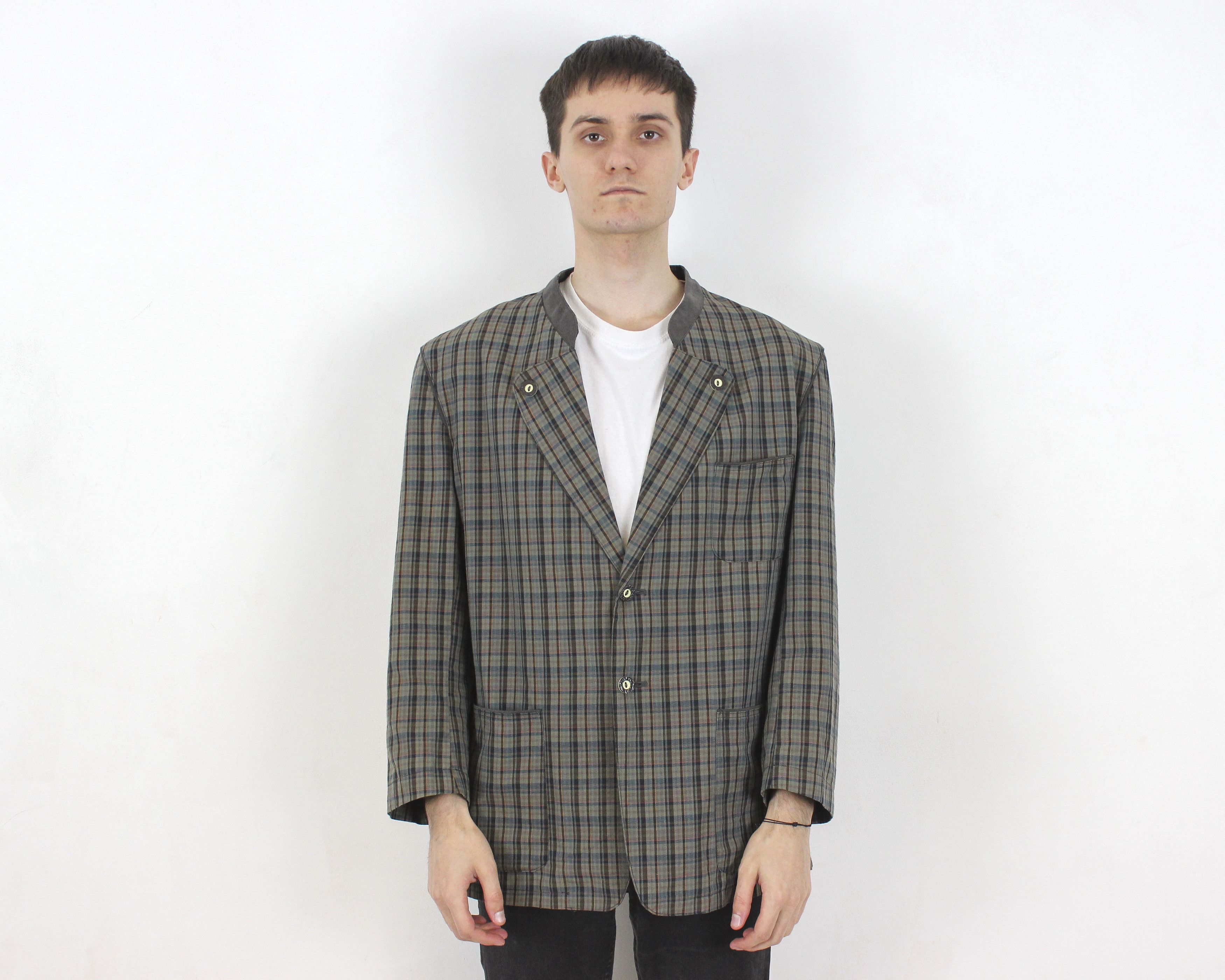Vintage Trachten Blazer Thin Plaid Coat US 42 Cotton Jacket Jager L Size 42R - 1 Thumbnail