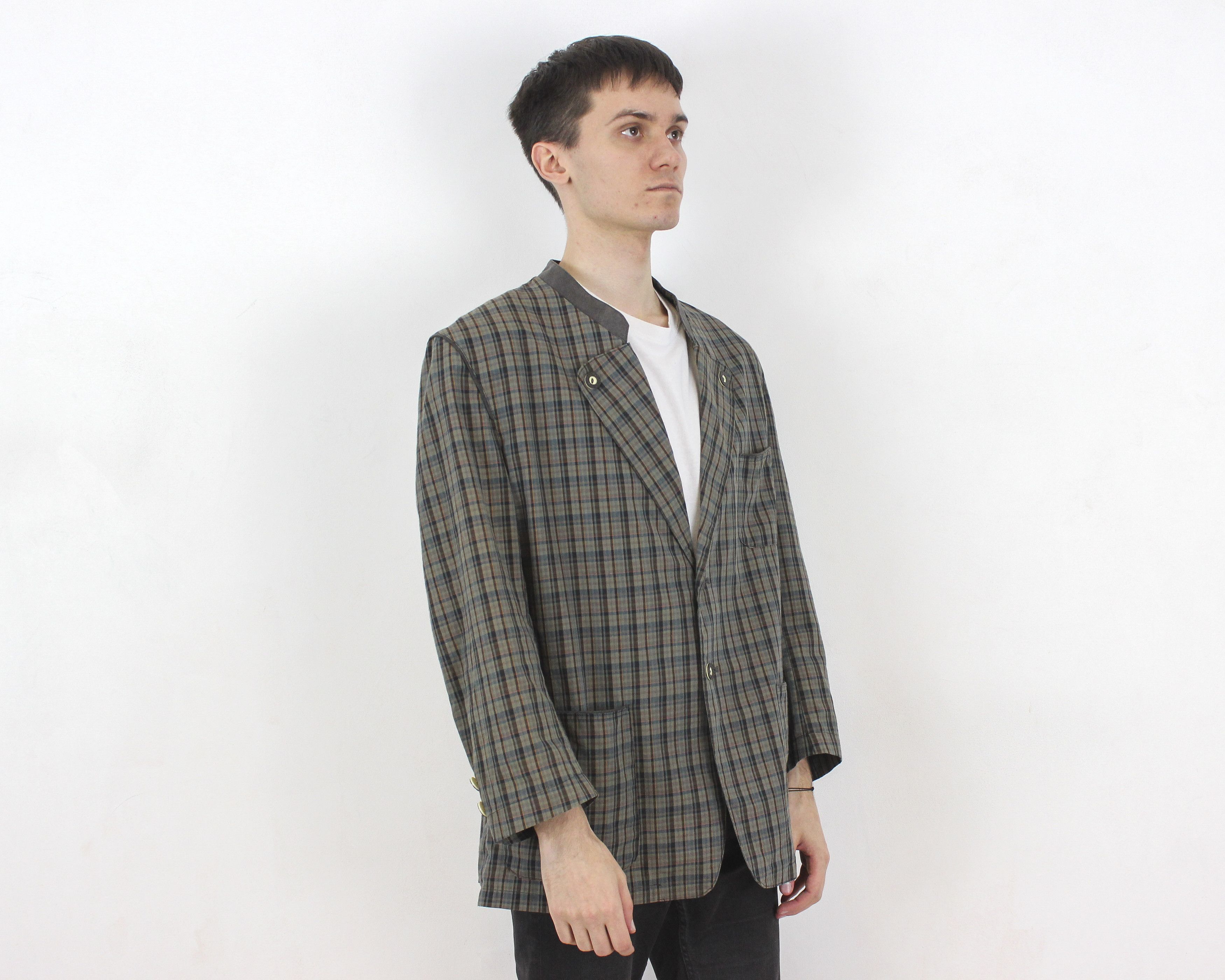 Vintage Trachten Blazer Thin Plaid Coat US 42 Cotton Jacket Jager L Size 42R - 2 Thumbnail