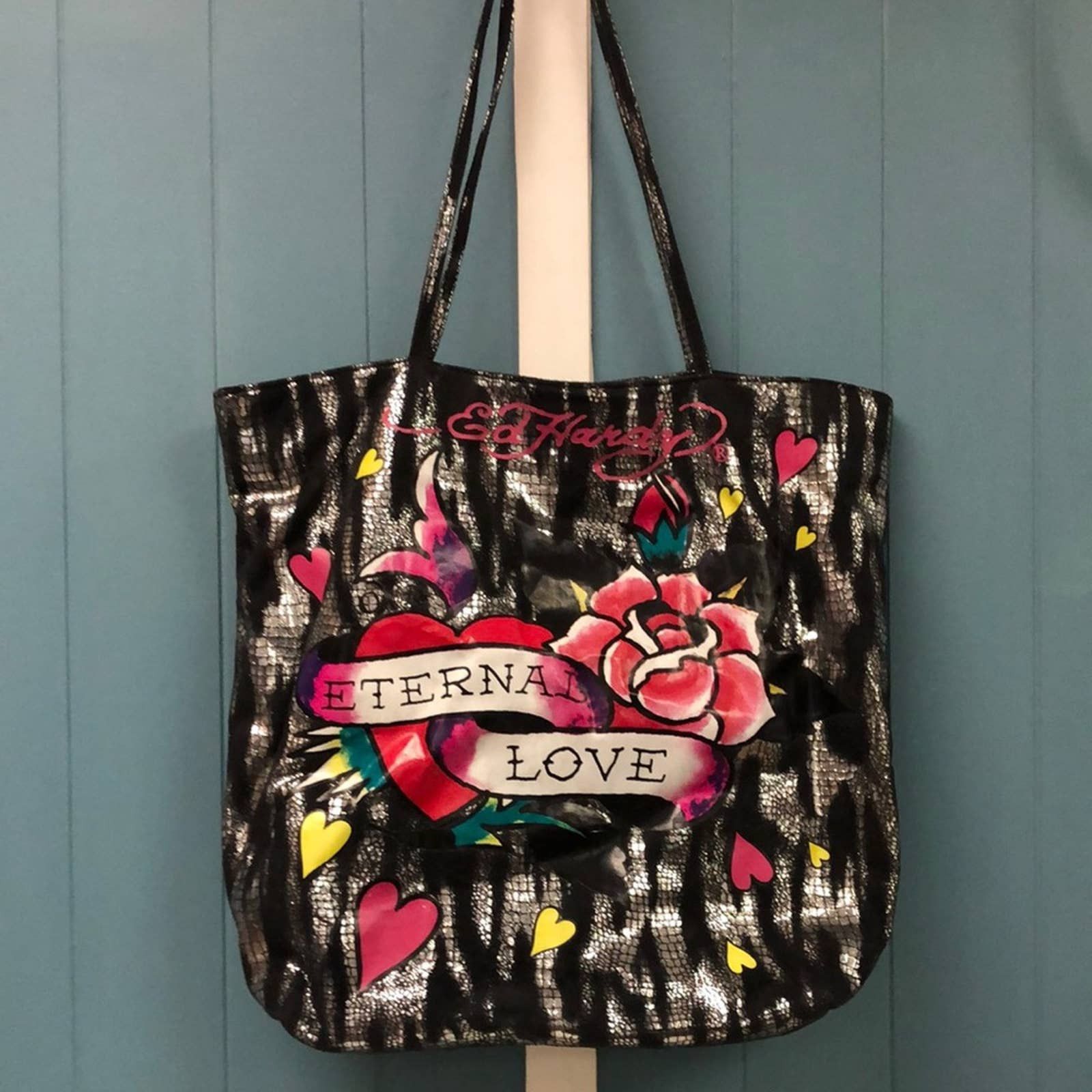 Ed Hardy Eternal Love Tote Bag Black Silver Heart Flower