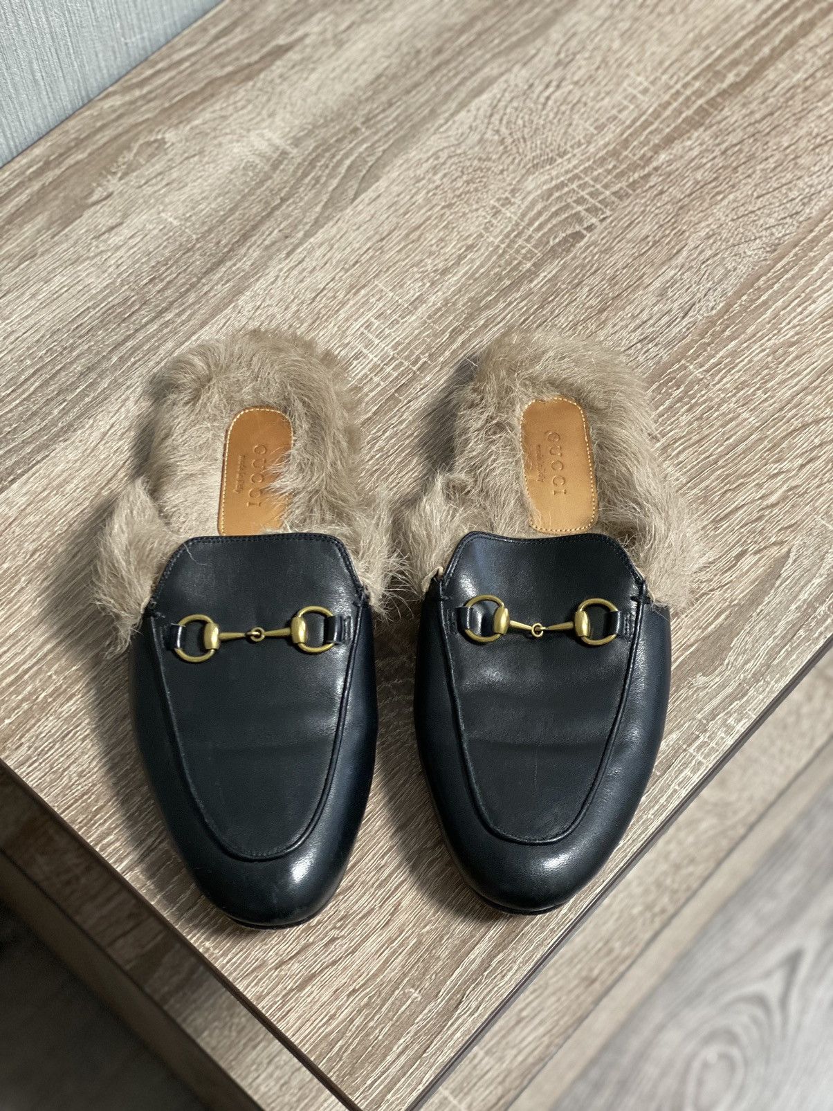Gucci GUCCI Fur Lined Princetown Black Leather Blogger Mules Size US 8 / IT 38 - 2 Thumbnail