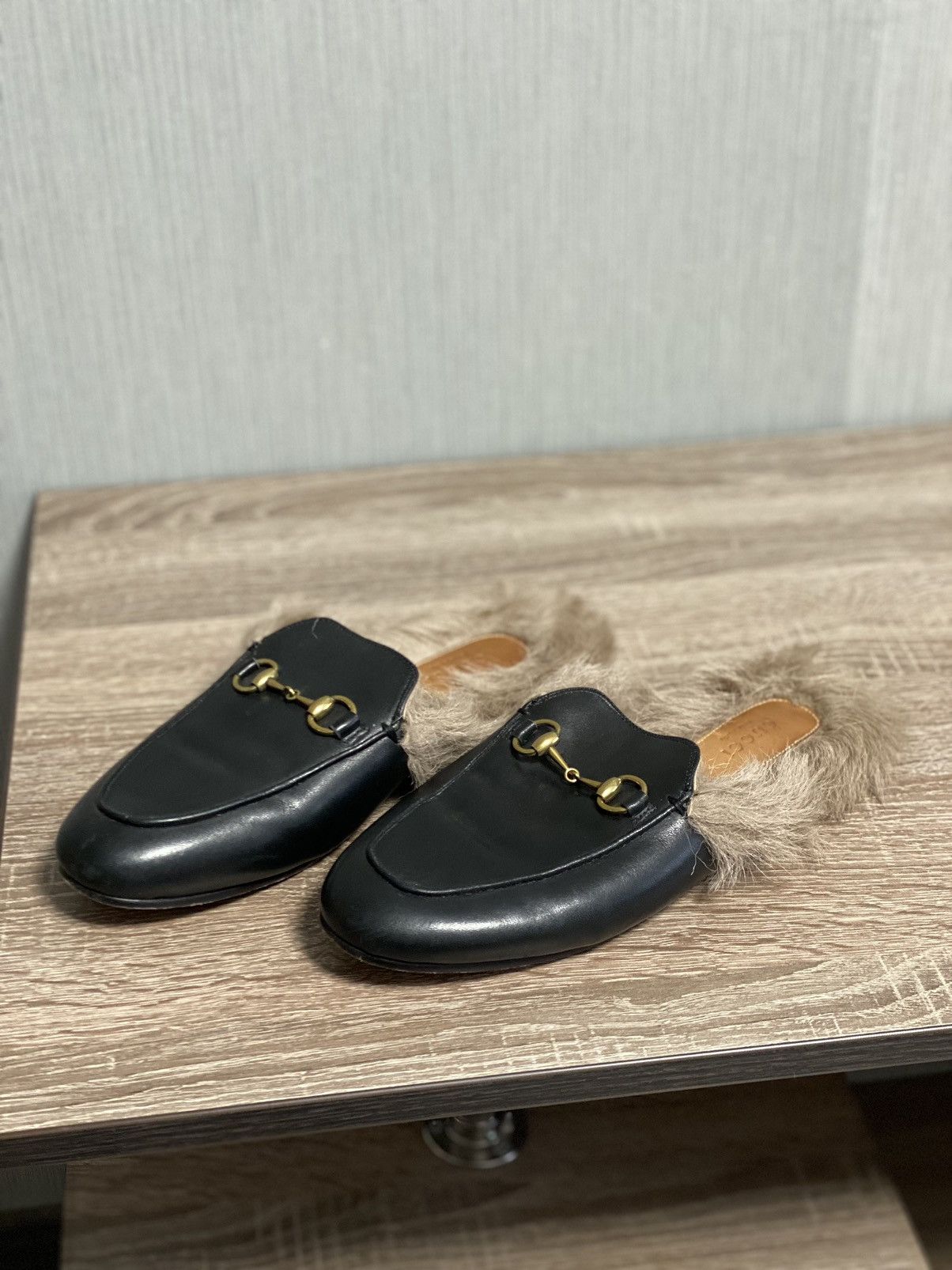 Gucci GUCCI Fur Lined Princetown Black Leather Blogger Mules Size US 8 / IT 38 - 1 Thumbnail