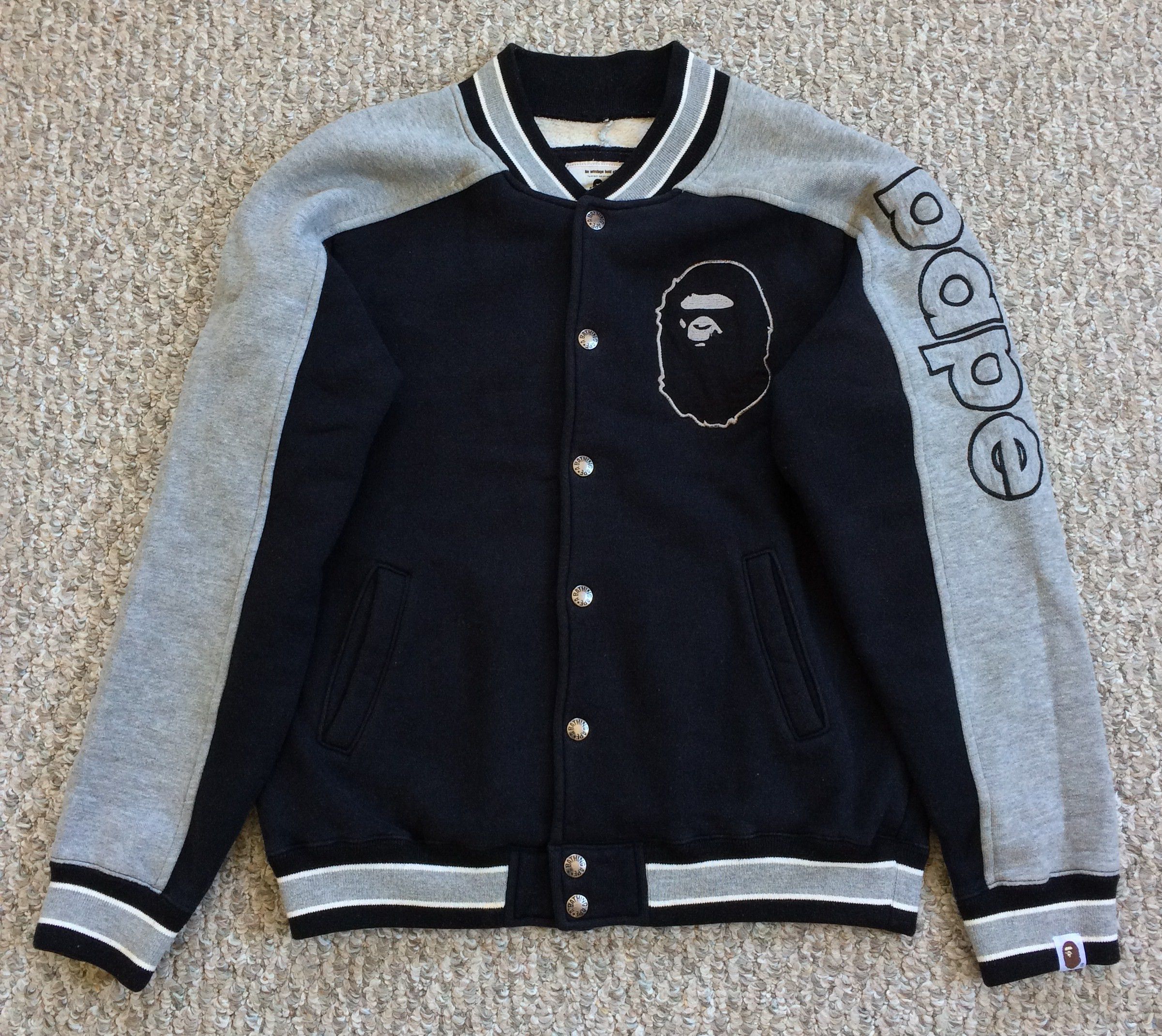 image of Og Bape Embroidered Spellout Varsity Bomber Jacket in Gray/Black, Men's (Size XS)