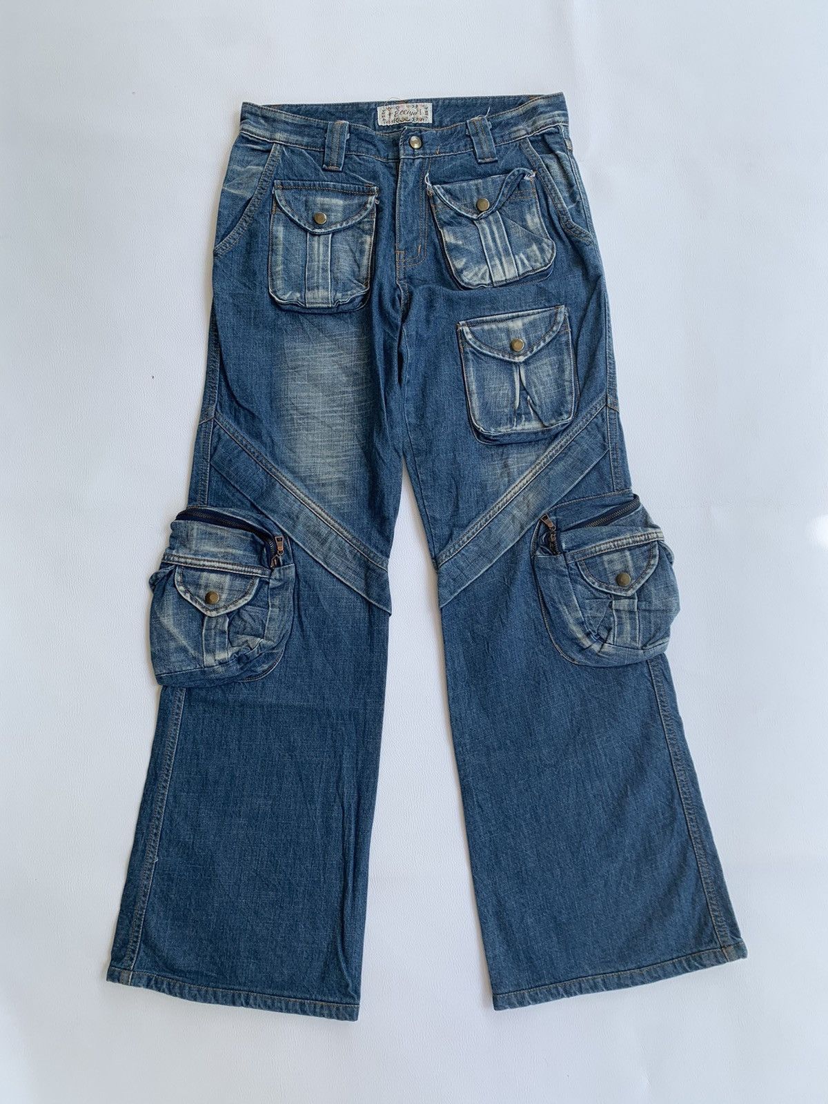 image of Beauty Beast x Hysteric Glamour Multi Pocket Cargo Jeans Flare Lowrise in Washed Blue (Size 28)