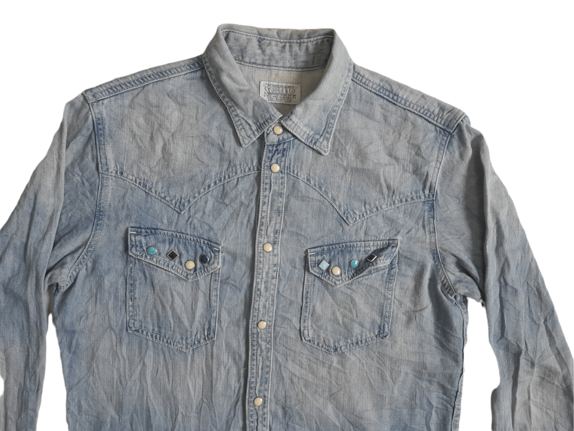 Japanese Brand Stooge Co. Distressed Denim Shirt (E87) Size US L / EU 52-54 / 3 - 4 Thumbnail