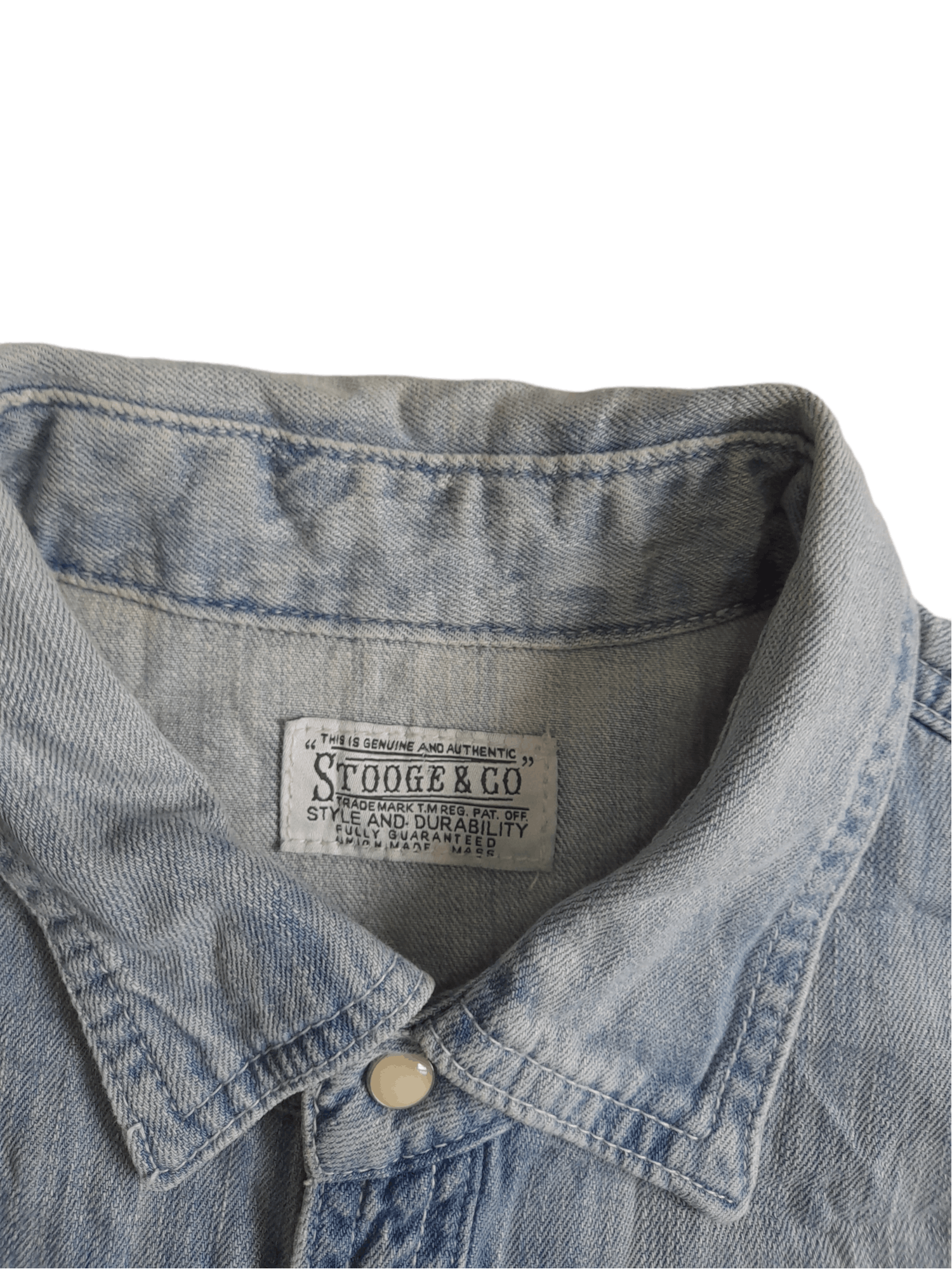Japanese Brand Stooge Co. Distressed Denim Shirt (E87) Size US L / EU 52-54 / 3 - 6 Thumbnail