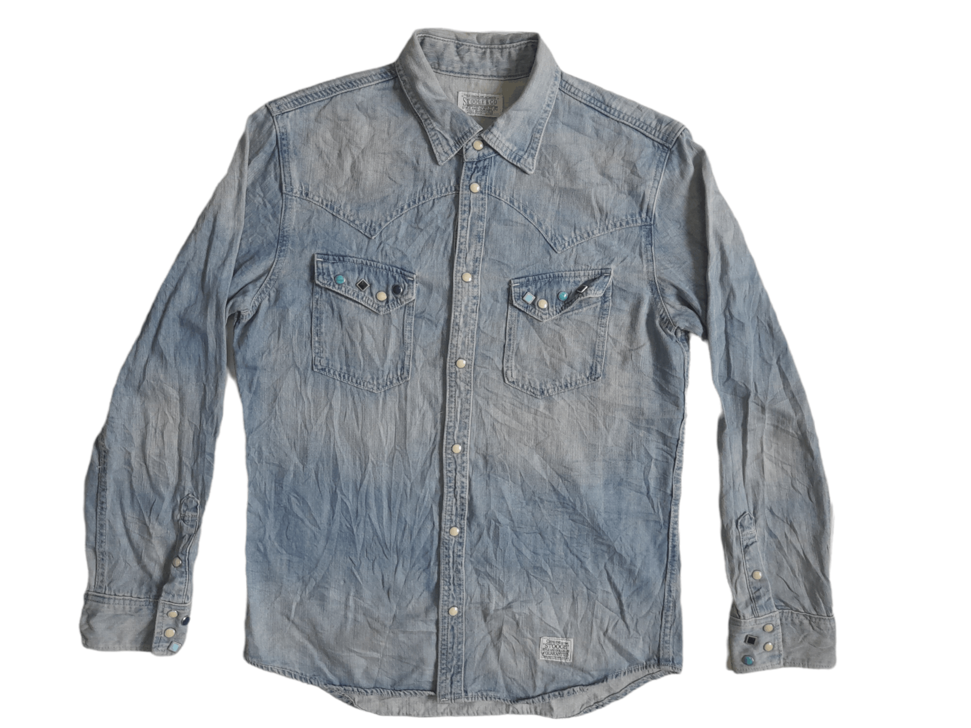 Japanese Brand Stooge Co. Distressed Denim Shirt (E87) Size US L / EU 52-54 / 3 - 1 Thumbnail
