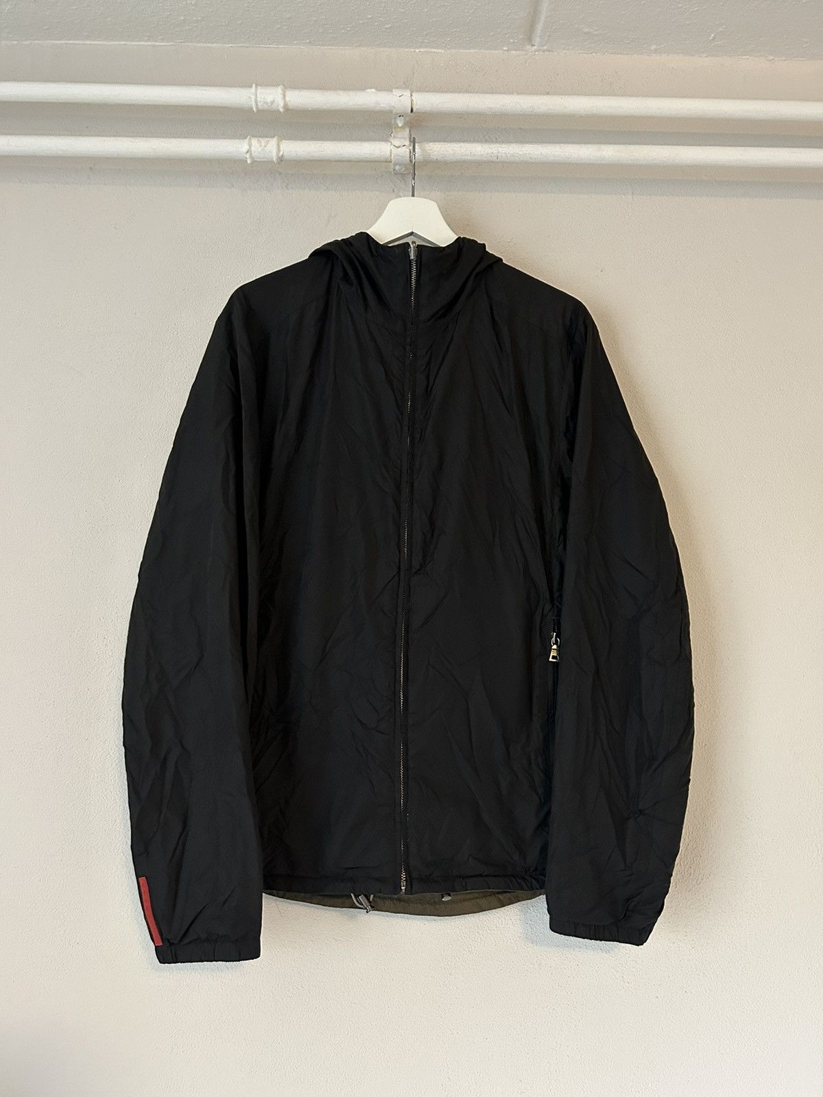 image of Prada Linea Rossa Reversible Nylon Light Jacket With Red Tab in Reversible Black Brown (Size Large)