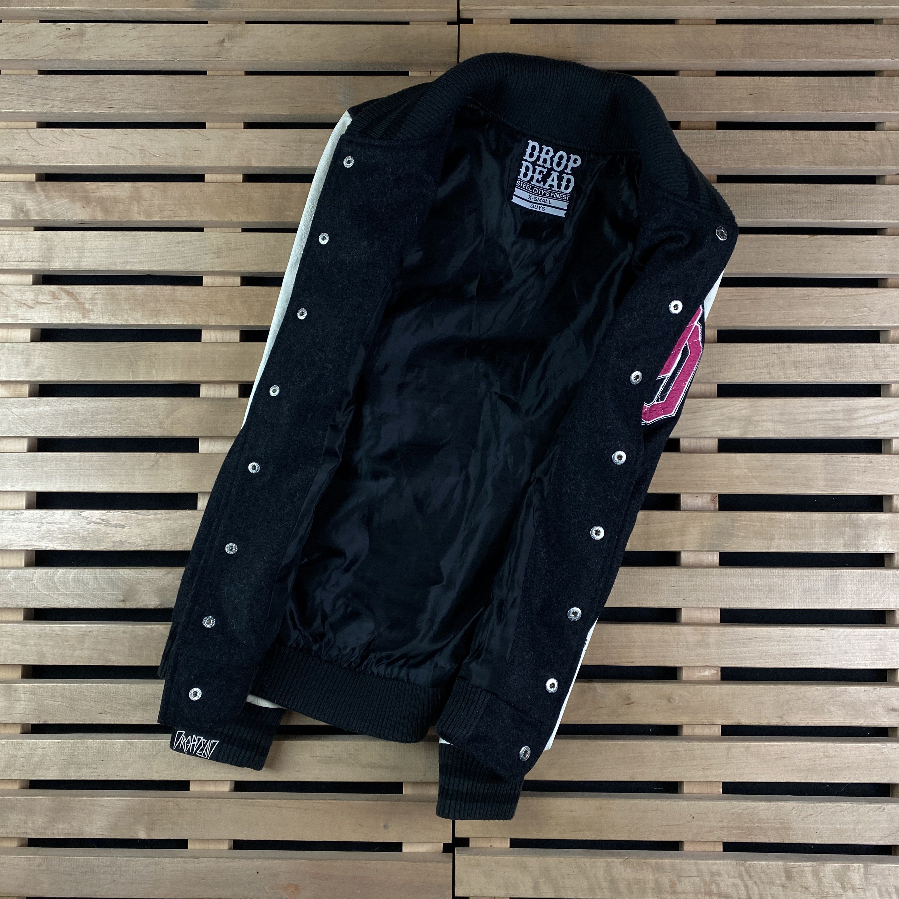 Mens Sweater Bomber Jacket Drop Dead Guys Size XS Big Print