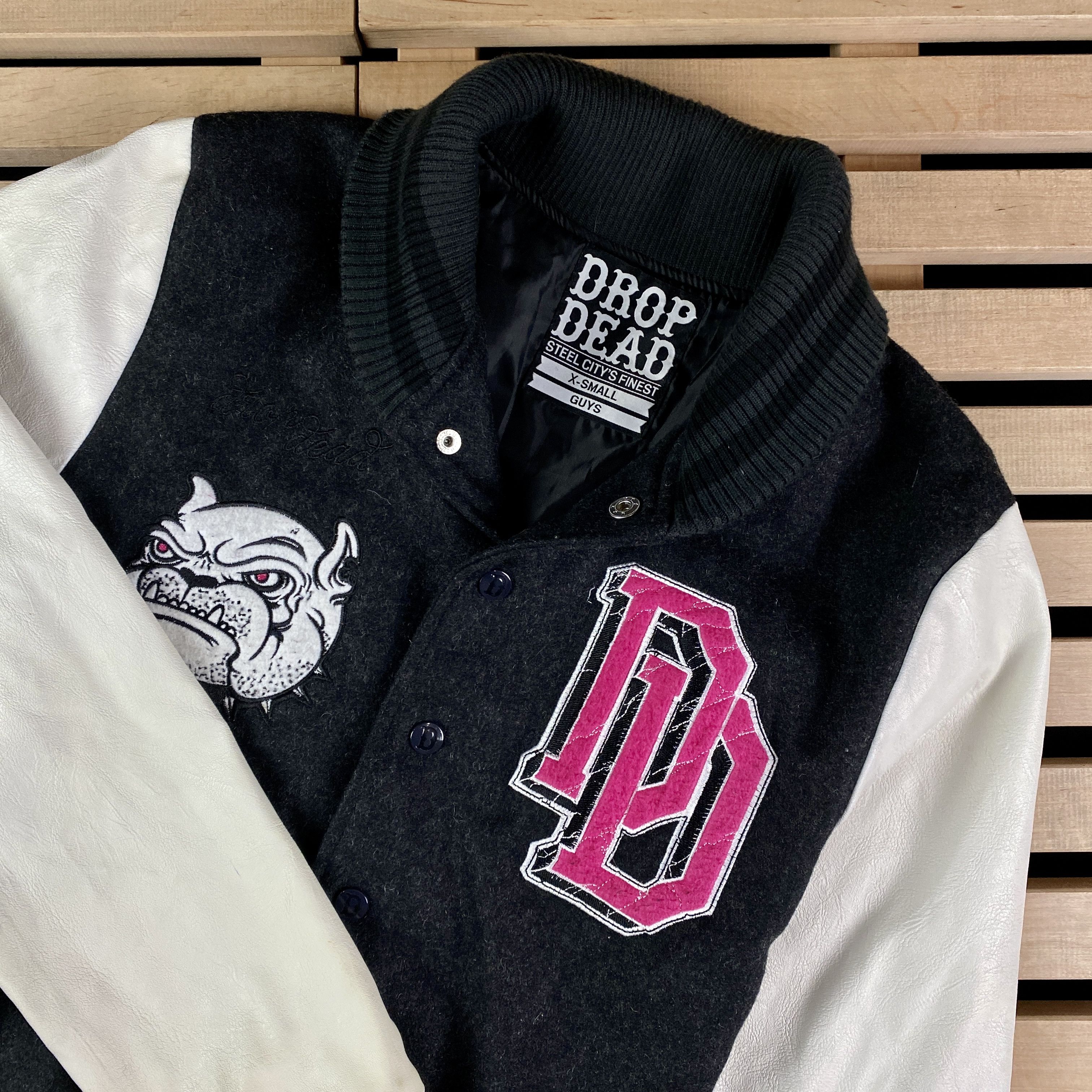 Mens Sweater Bomber Jacket Drop Dead Guys Size XS Big Print