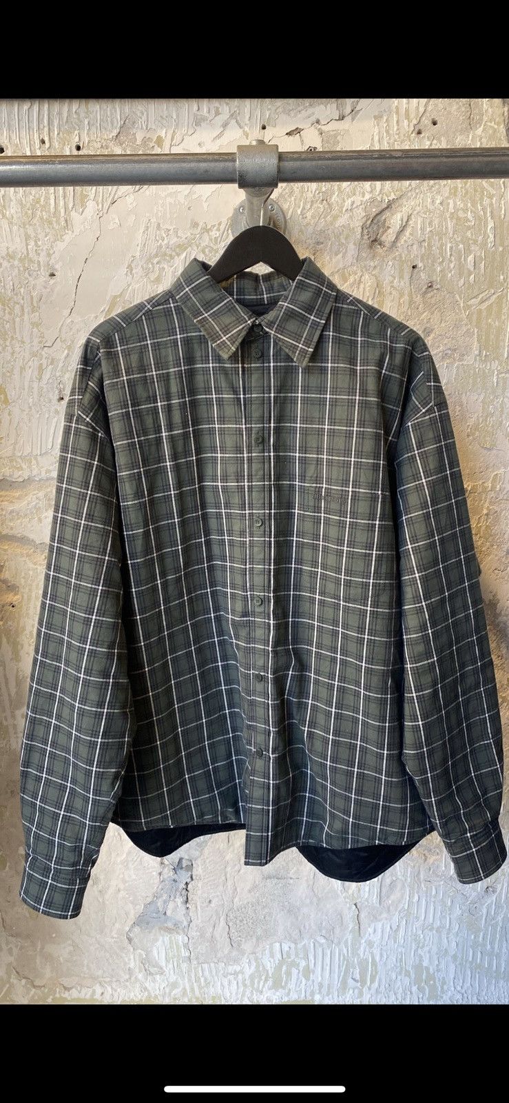 Image of Balenciaga Padded Plaid Flannel Overshirt Jacket in Green, Men's (Size Small)