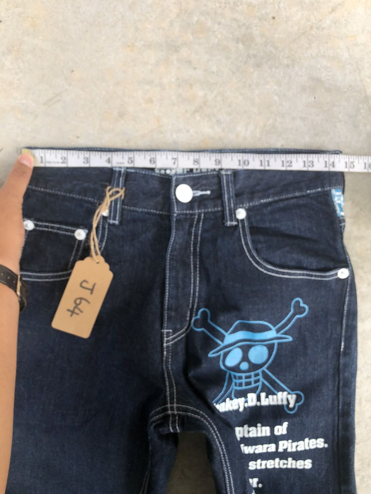Japanese Brand One Piece Monkey D Luffy Art Denim Painted jeans Spellout Size US 29 - 17 Thumbnail