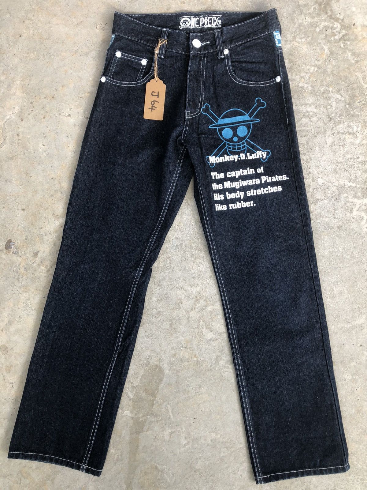 image of Anima x One Piece Monkey D Luffy Art Denim Painted Jeans Spellout in Blue, Men's (Size 29)