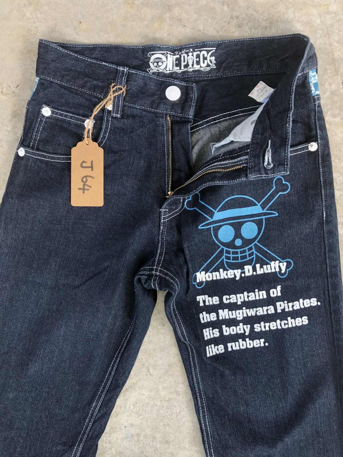 Japanese Brand One Piece Monkey D Luffy Art Denim Painted jeans Spellout Size US 29 - 3 Thumbnail