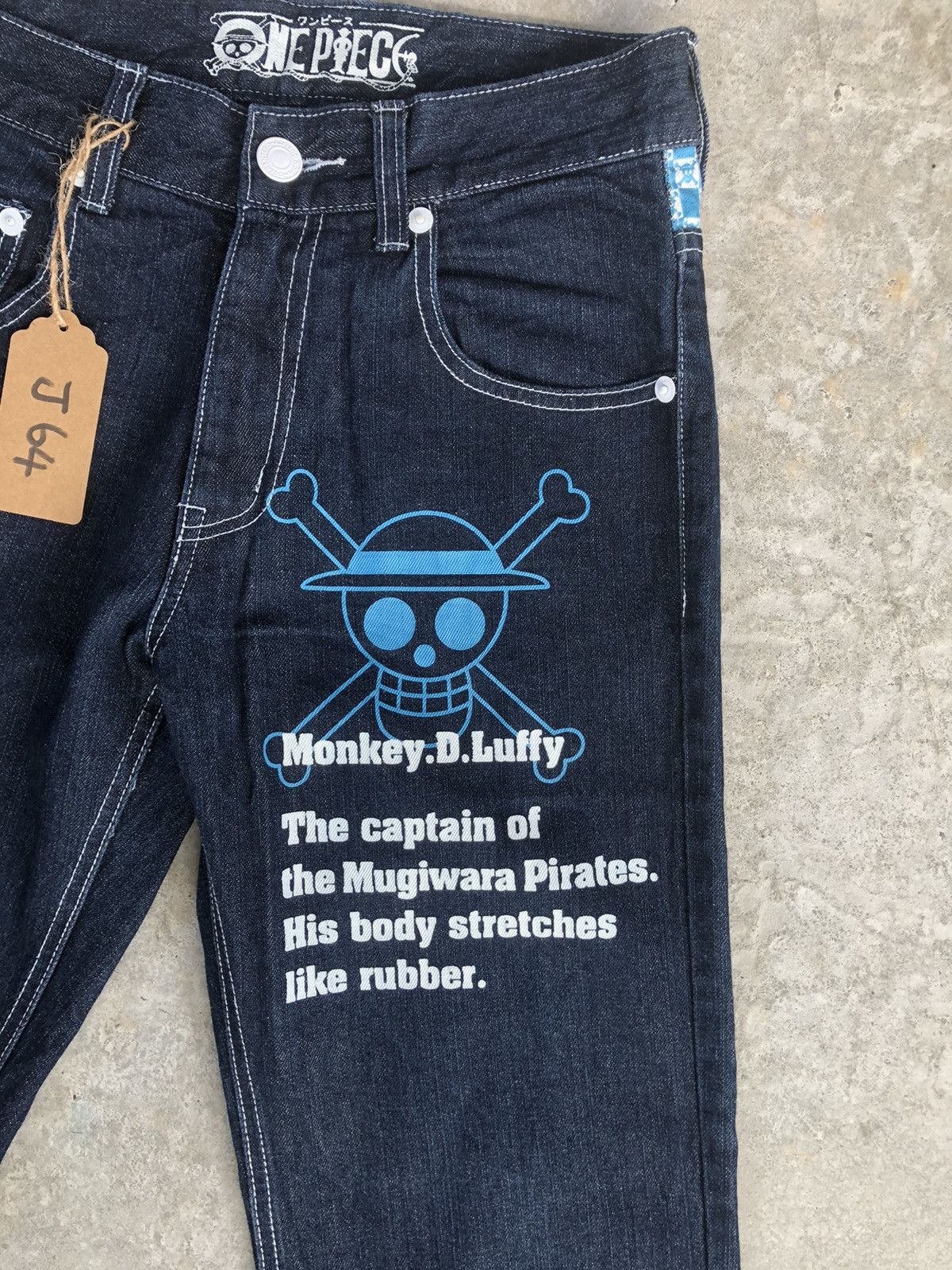 Japanese Brand One Piece Monkey D Luffy Art Denim Painted jeans Spellout Size US 29 - 5 Thumbnail