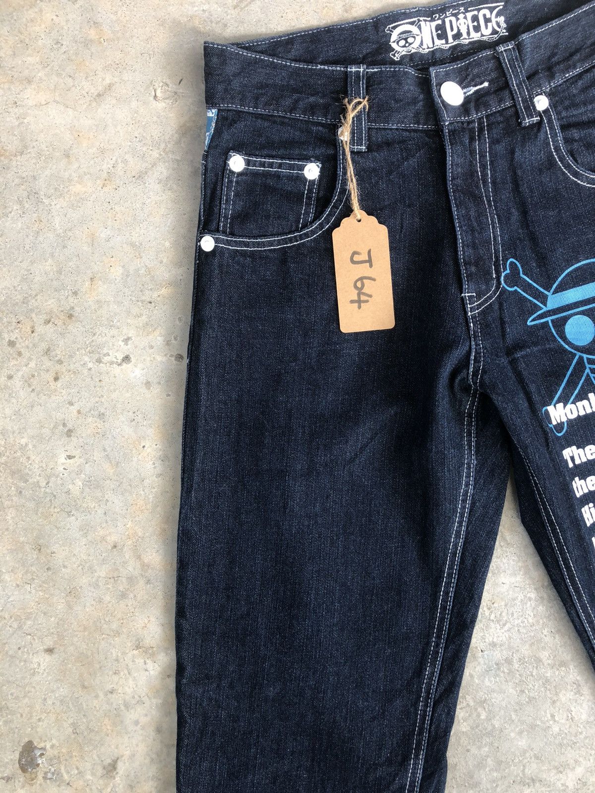 Japanese Brand One Piece Monkey D Luffy Art Denim Painted jeans Spellout Size US 29 - 4 Thumbnail
