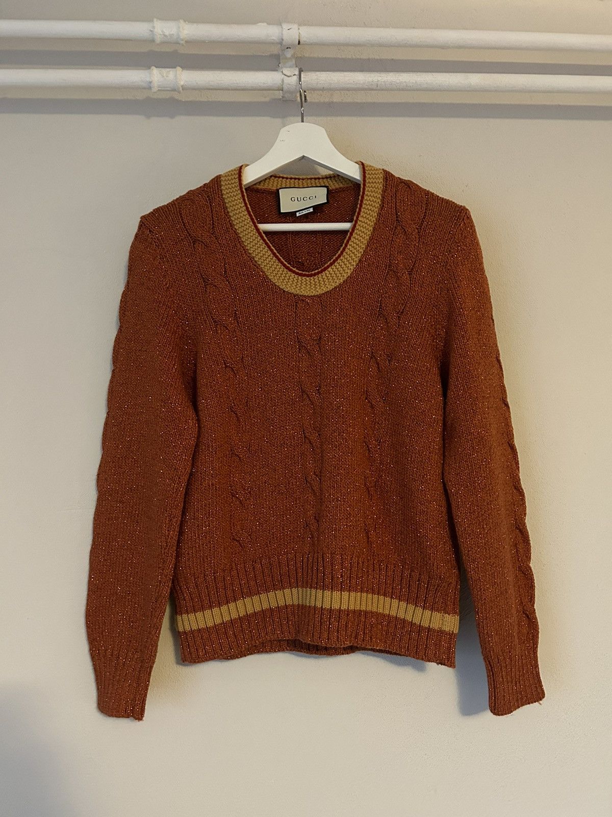 image of Gucci Glitter Orange Cable-Knit Sweater, Men's (Size Small)