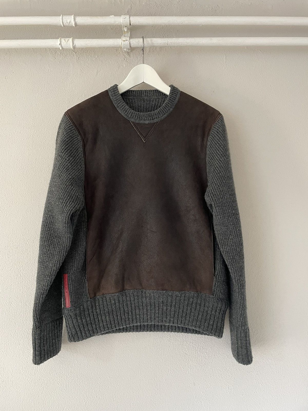 image of Prada Sheepskin Wool Knit Sweater With Red Tab in Grey, Men's (Size Small)