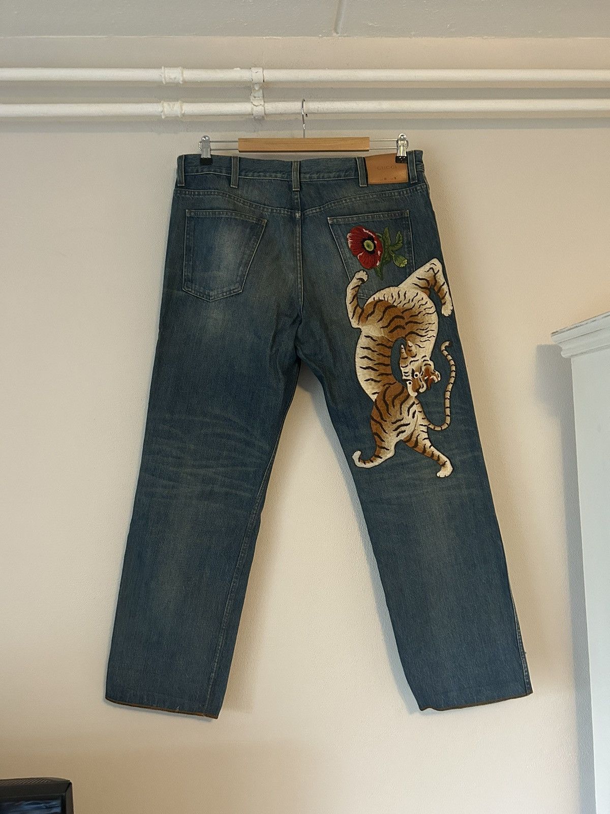 image of Gucci Blue Denim Jeans With Tiger And Rose Embroidery in Denim Blue, Men's (Size 38)