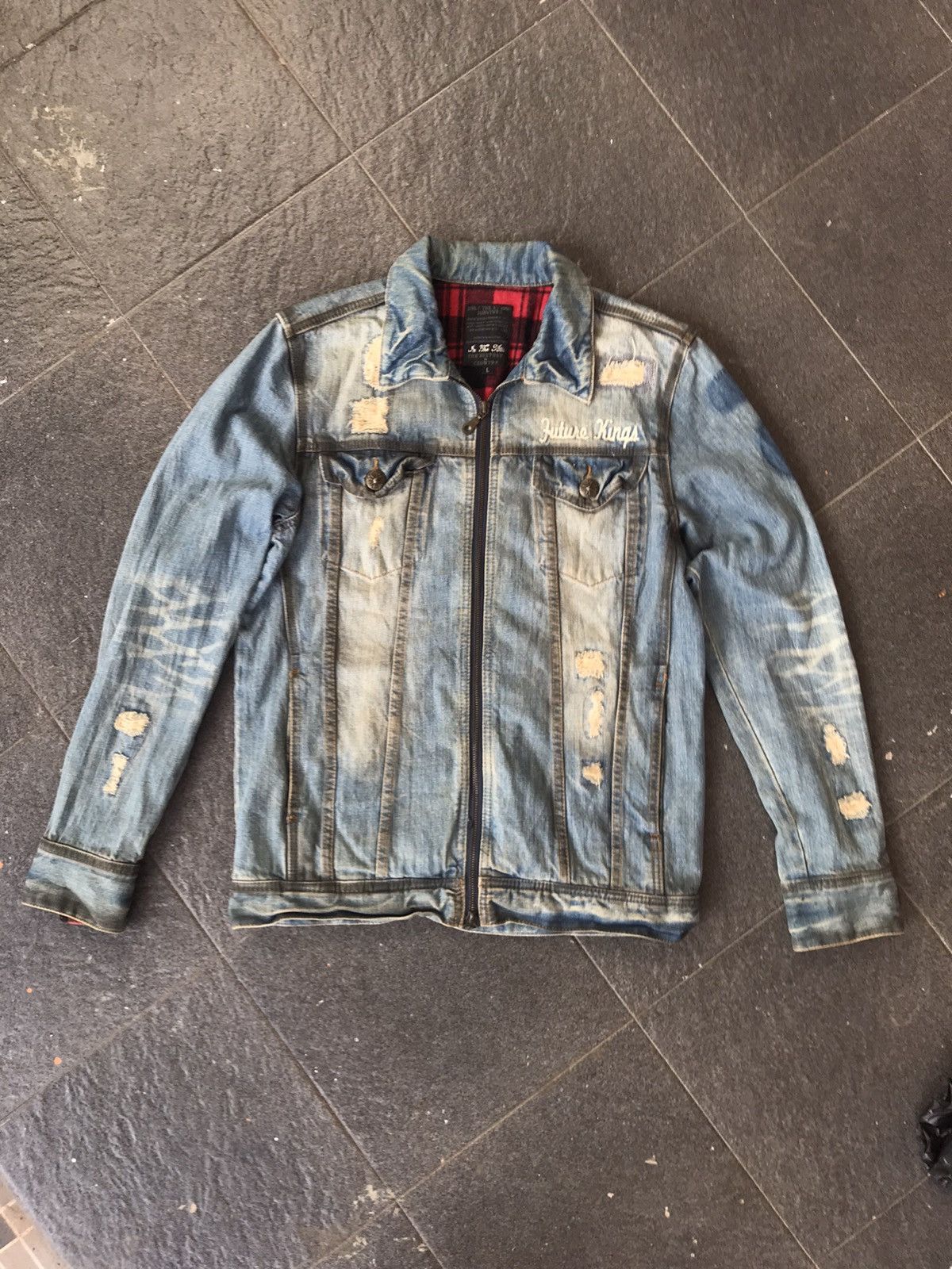 image of Vintage In The Attic Distressed Denim Jacket in Blue, Men's (Size Large)