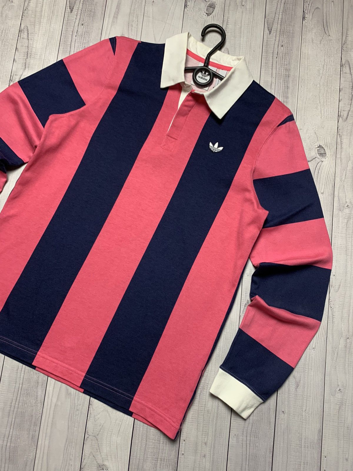 Adidas × Vintage Adidas rugby jersey striped pink/navy size S Size US S / EU 44-46 / 1 - 5 Thumbnail