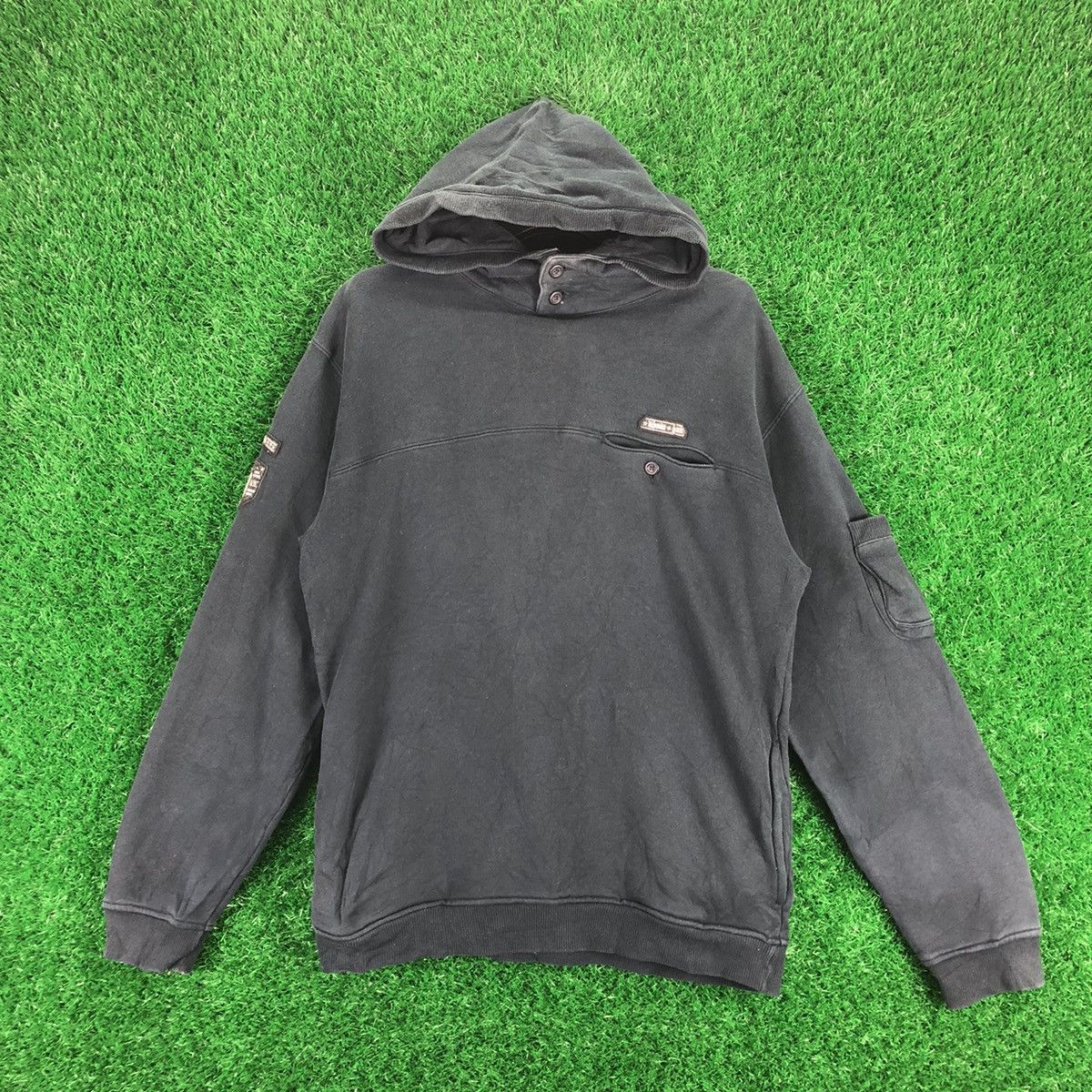 image of Vintage Dj Honda Sweatshirt Hoodie Pullover in Blue Black, Men's (Size Small)
