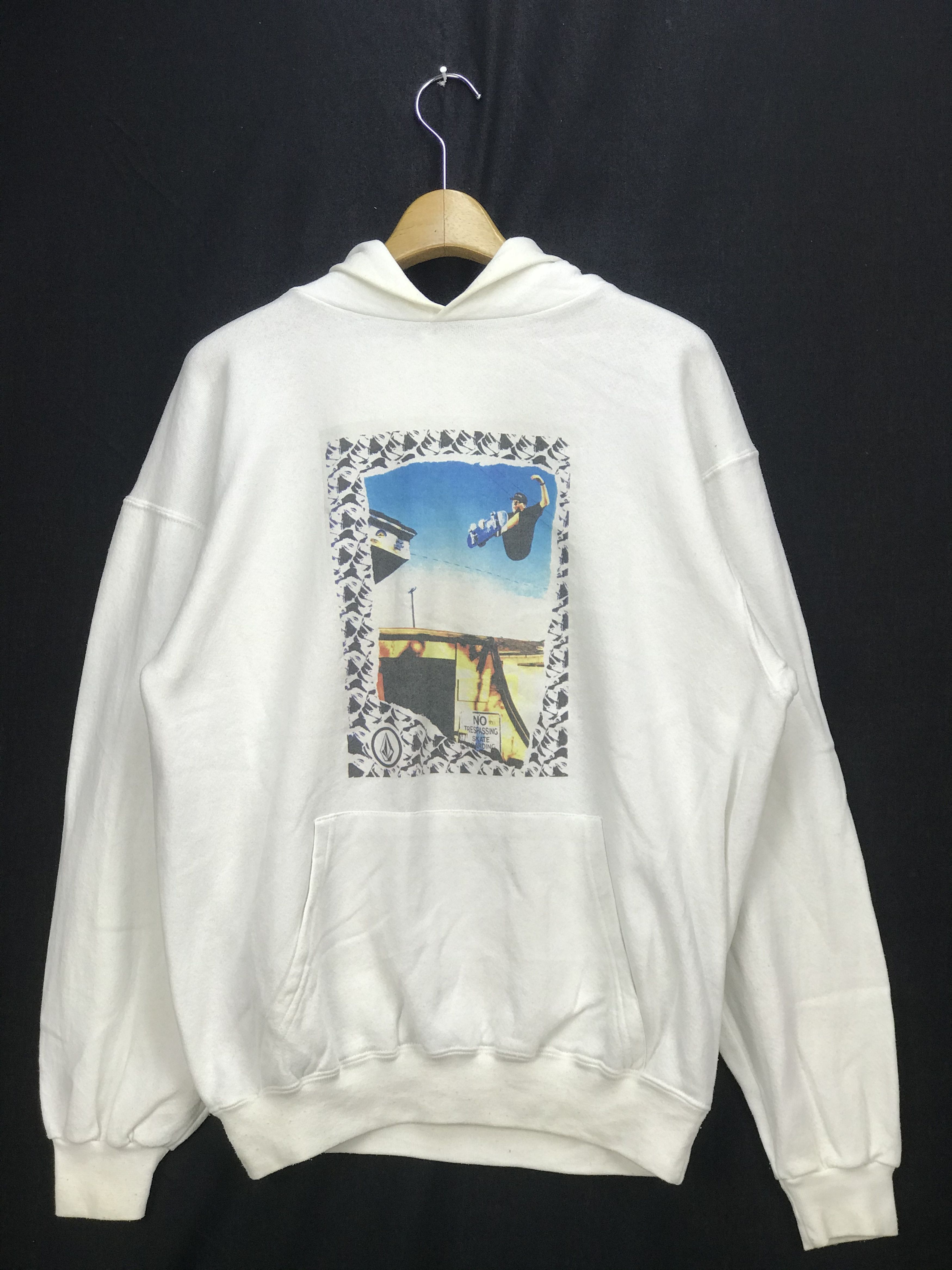 image of Made In USA x Vintage Volcom Skateboard Printed Hoodie in White, Men's (Size Medium)
