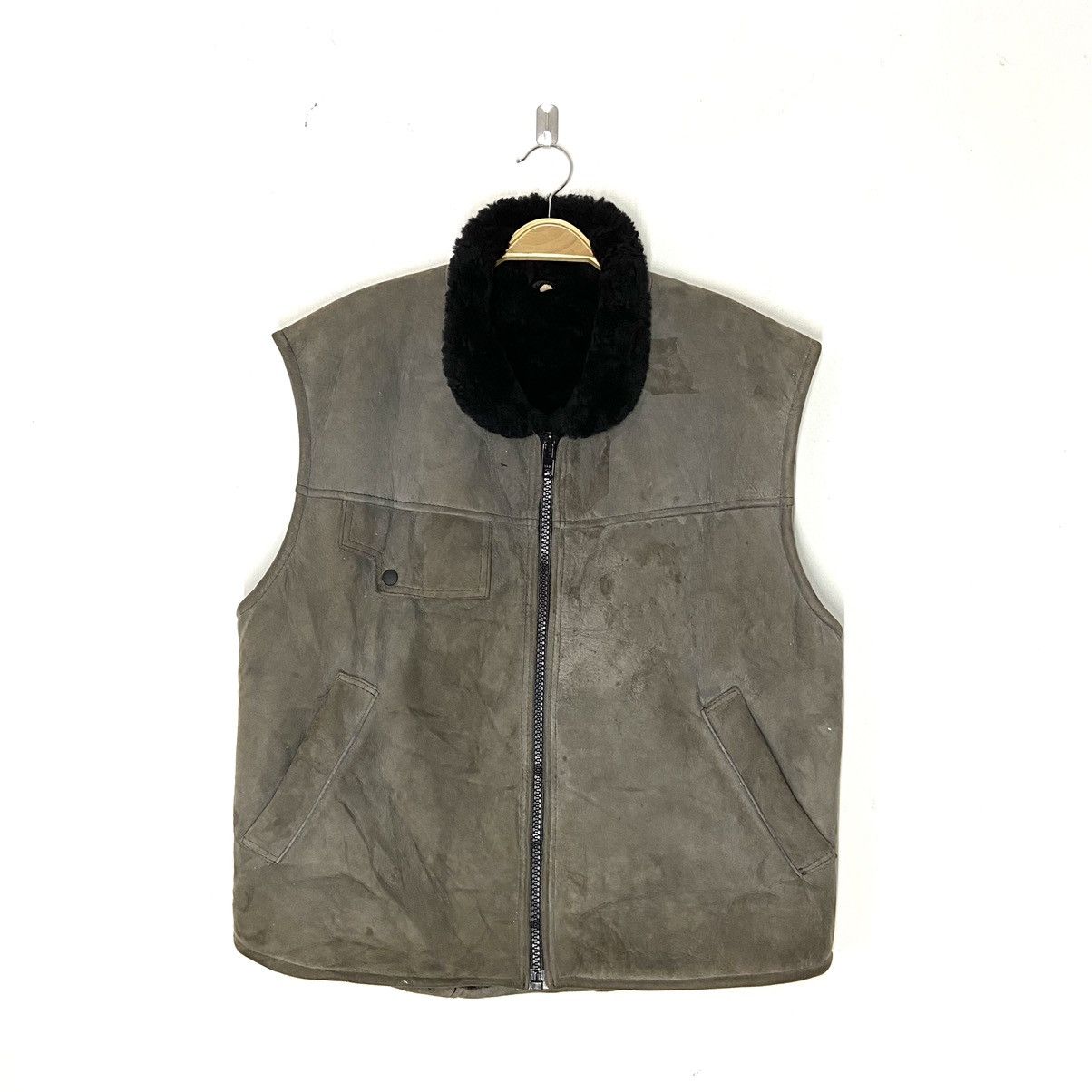 image of Sheepskin Coat x Vintage Sheep Skin Leather Vest Shearling Jacket in Grey, Men's (Size Large)