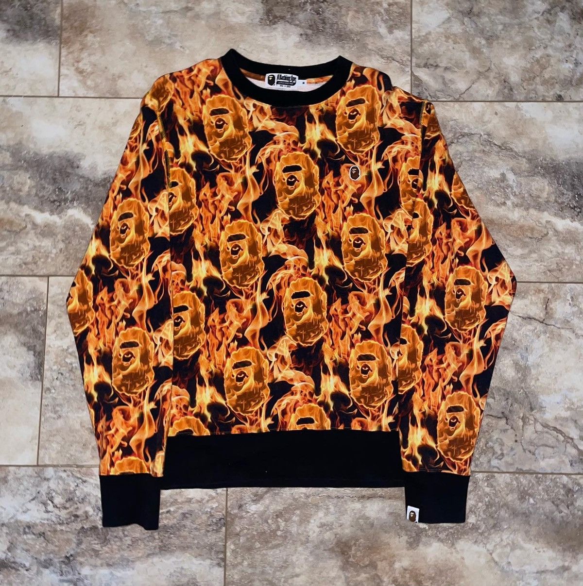 Bape BAPE FLAME WIDE CREWNECK ORANGE Size Medium M a bathing ape