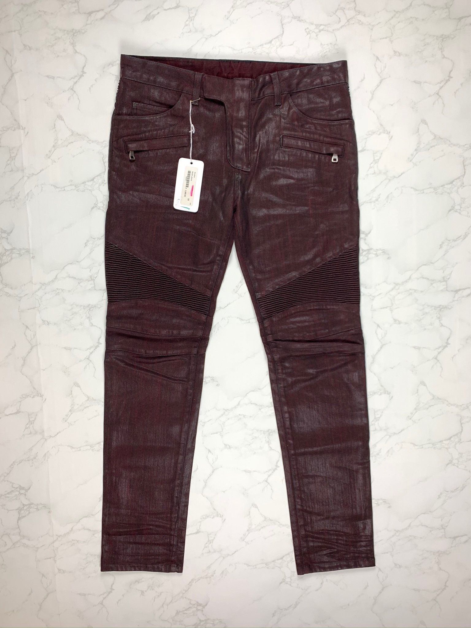 Balmain Burgundy Waxed Biker Jeans