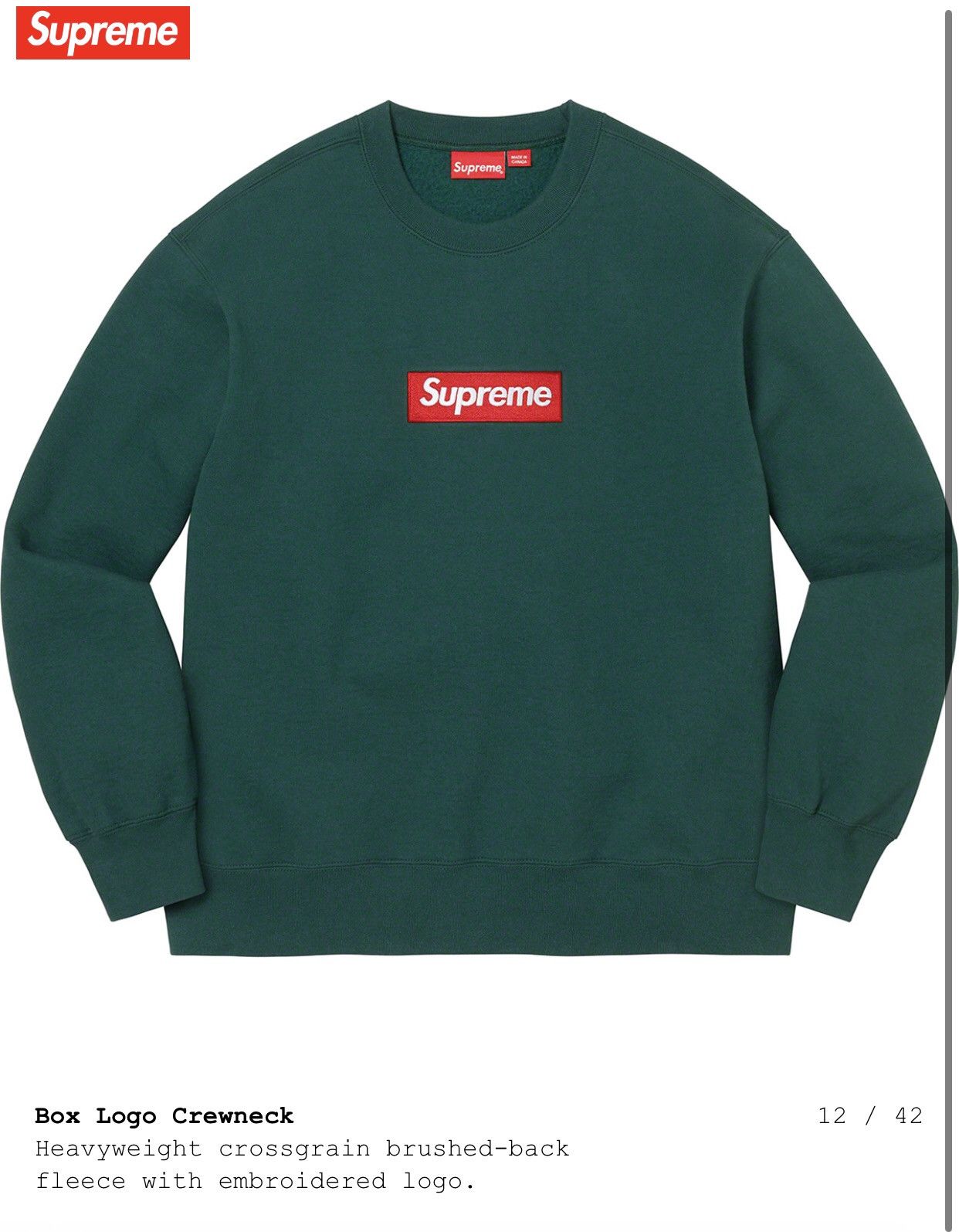 image of Supreme Box Logo Crew Neck Sweatshirt Small Pine Green Red, Men's