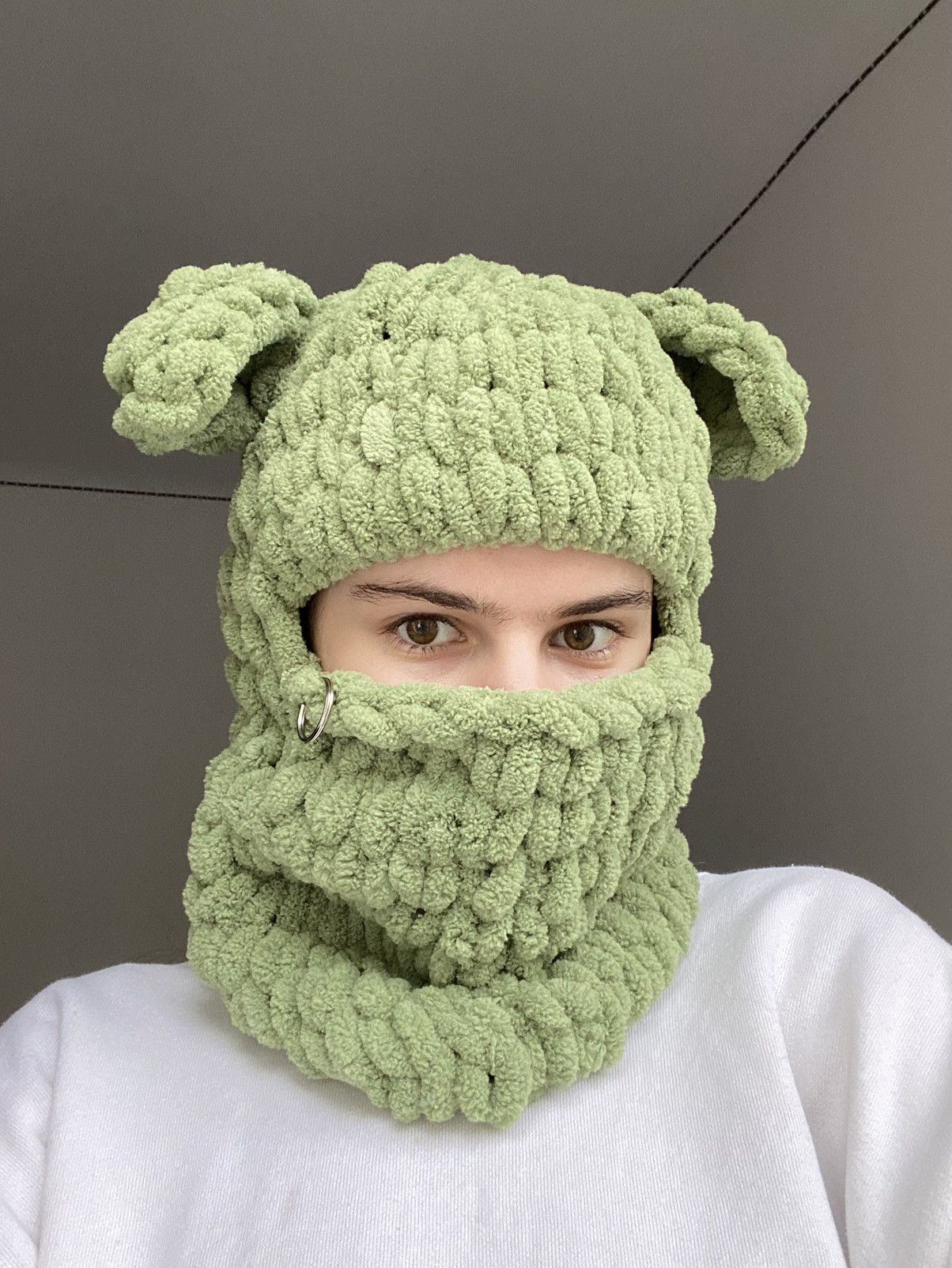Handmade Handmade Knitted Balaclava Ski Mask Bunny Shrek Style Tiktok Size ONE SIZE - 1 Thumbnail